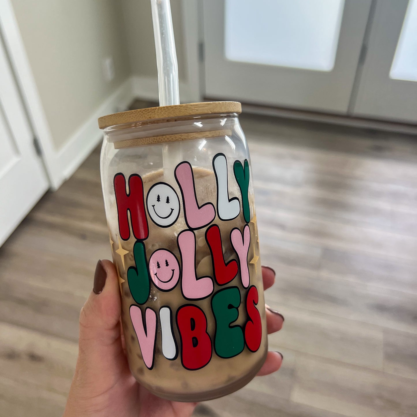 Christmas Holly Jolly Vibes Glass Cup, Beer Can Glass with Lid & Straw, 16oz Glass Tumbler, Custom Tumbler