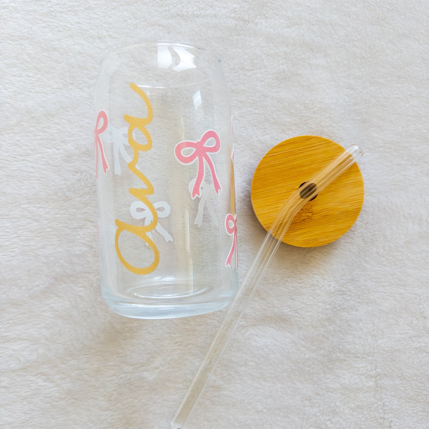 PersonaliEd Bow Glass Cup, Beer Can Glass with Lid & Straw, 16oz Glass Tumbler, Custom Tumbler in