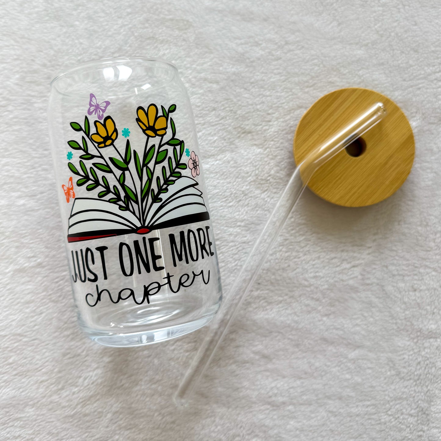 Just one more chapter Glass Cup, Beer Can Glass with Lid & Straw, 16oz Glass Tumbler, Custom Tumbler