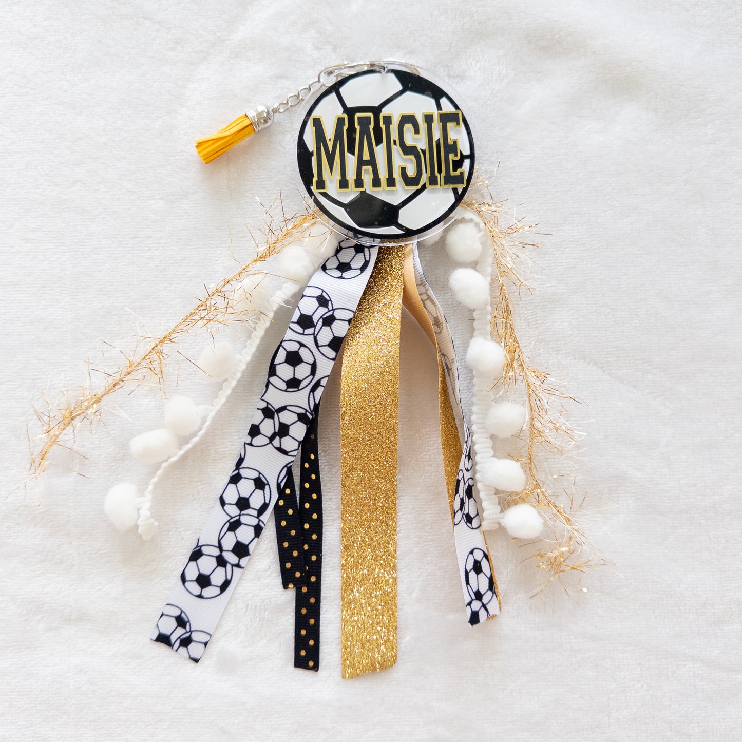Personalized Soccer Name Keychain with ribbon for Backpacks, Sports Bags, Luggage