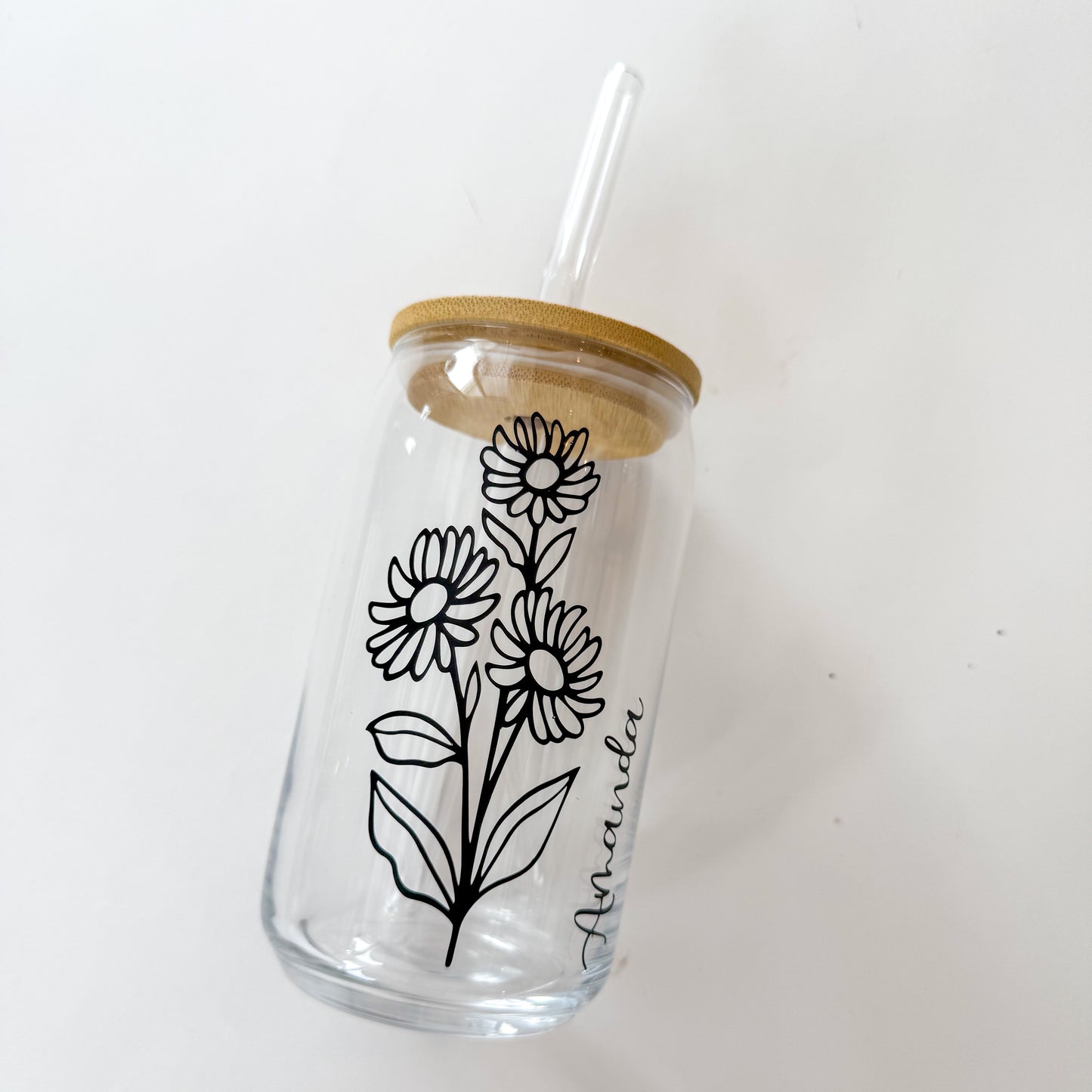 Birth Month Flower Glass Cup, Beer Can Glass with Lid & Straw, 16oz Glass Tumbler, Custom Tumbler