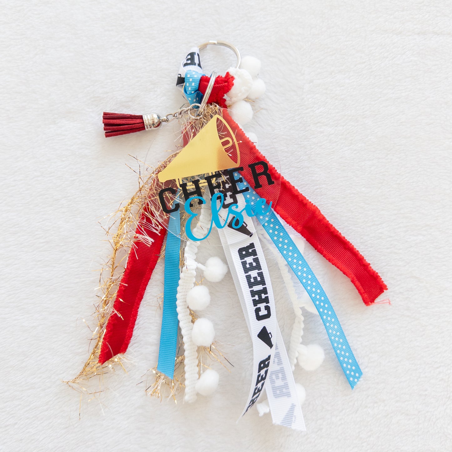 Personalized Cheer Name Keychain with ribbon for Backpacks, Sports Bags, Luggage