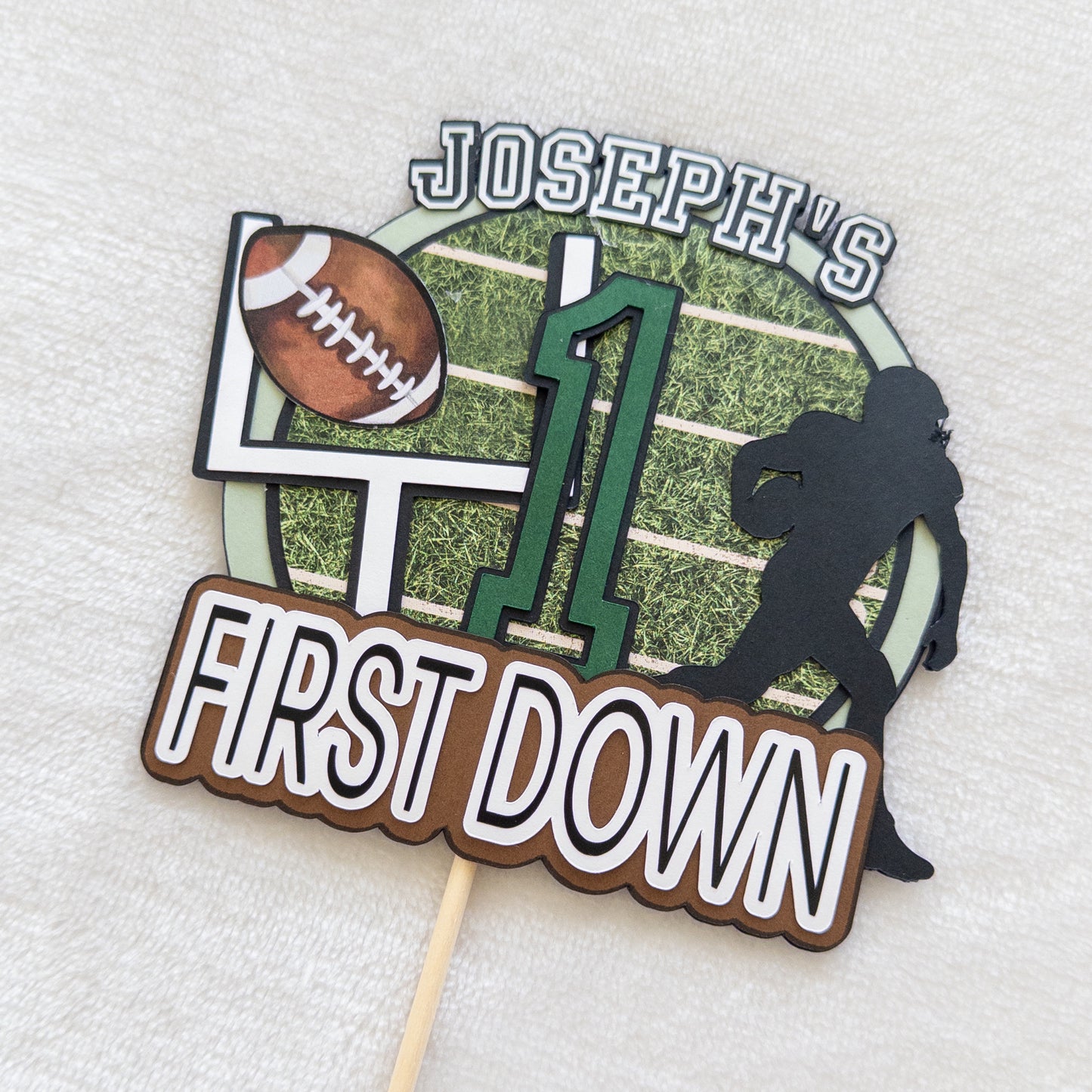 Football-Themed “First Year Down” Cake Topper – Customizable First Birthday Decor
