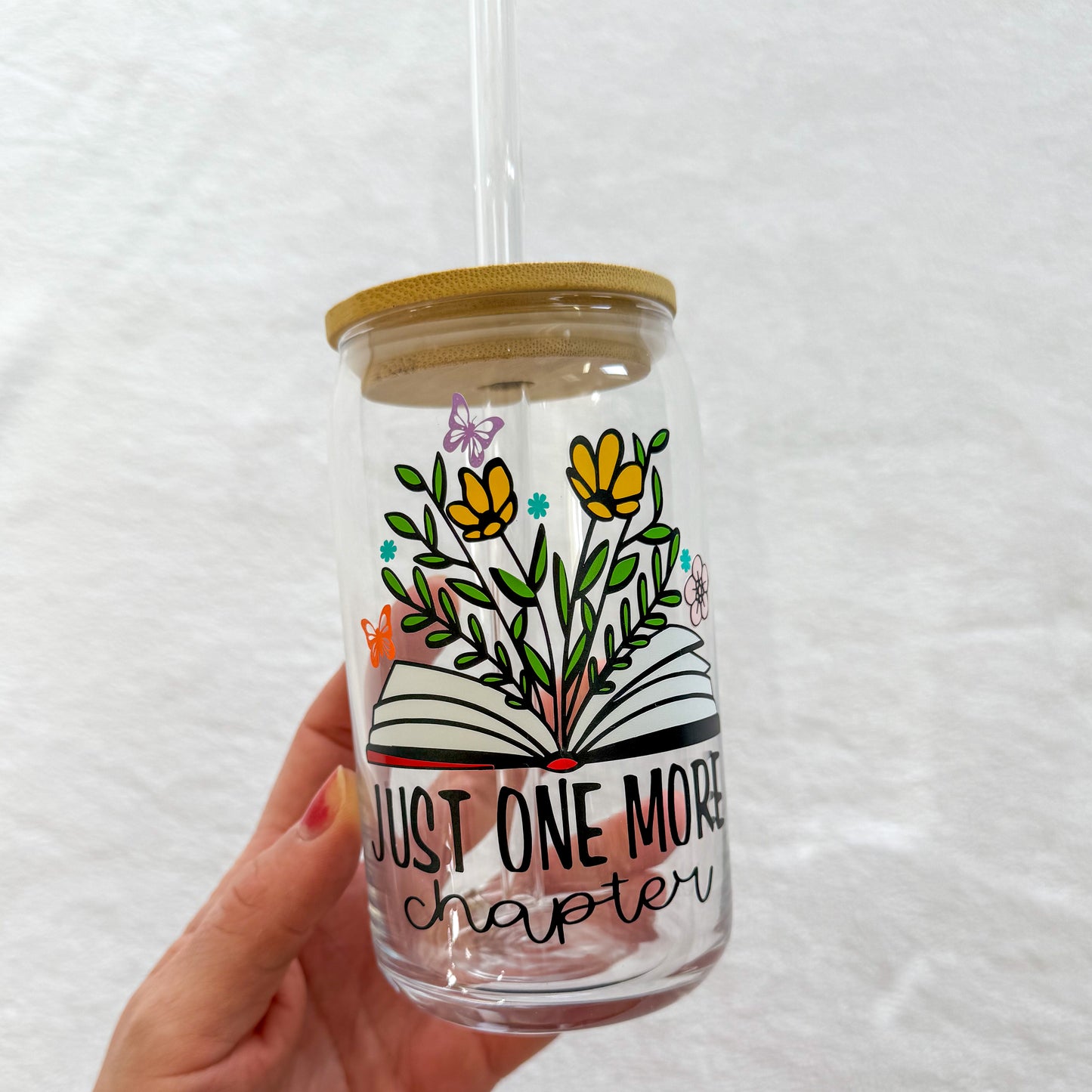 Just one more chapter Glass Cup, Beer Can Glass with Lid & Straw, 16oz Glass Tumbler, Custom Tumbler