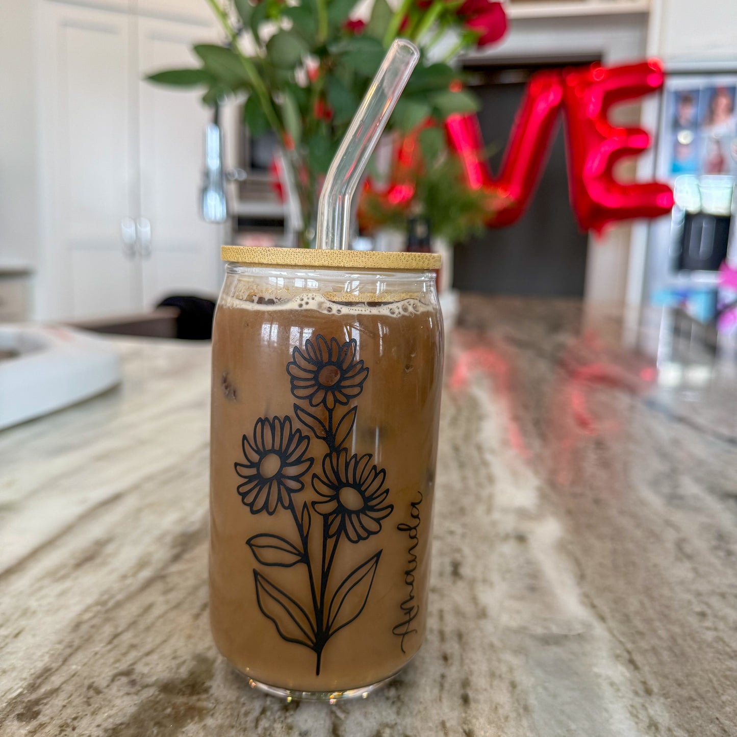Birth Month Flower Glass Cup, Beer Can Glass with Lid & Straw, 16oz Glass Tumbler, Custom Tumbler