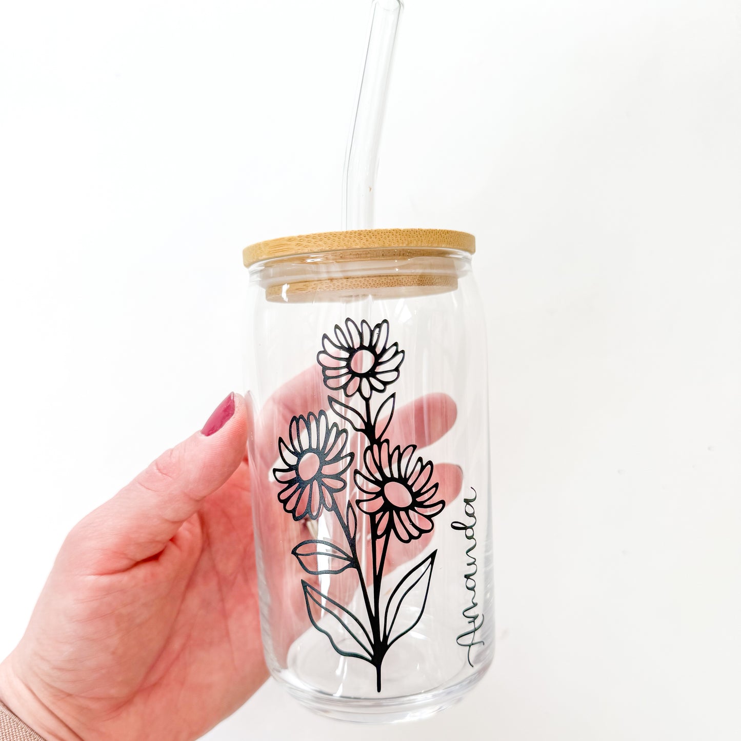 Birth Month Flower Glass Cup, Beer Can Glass with Lid & Straw, 16oz Glass Tumbler, Custom Tumbler