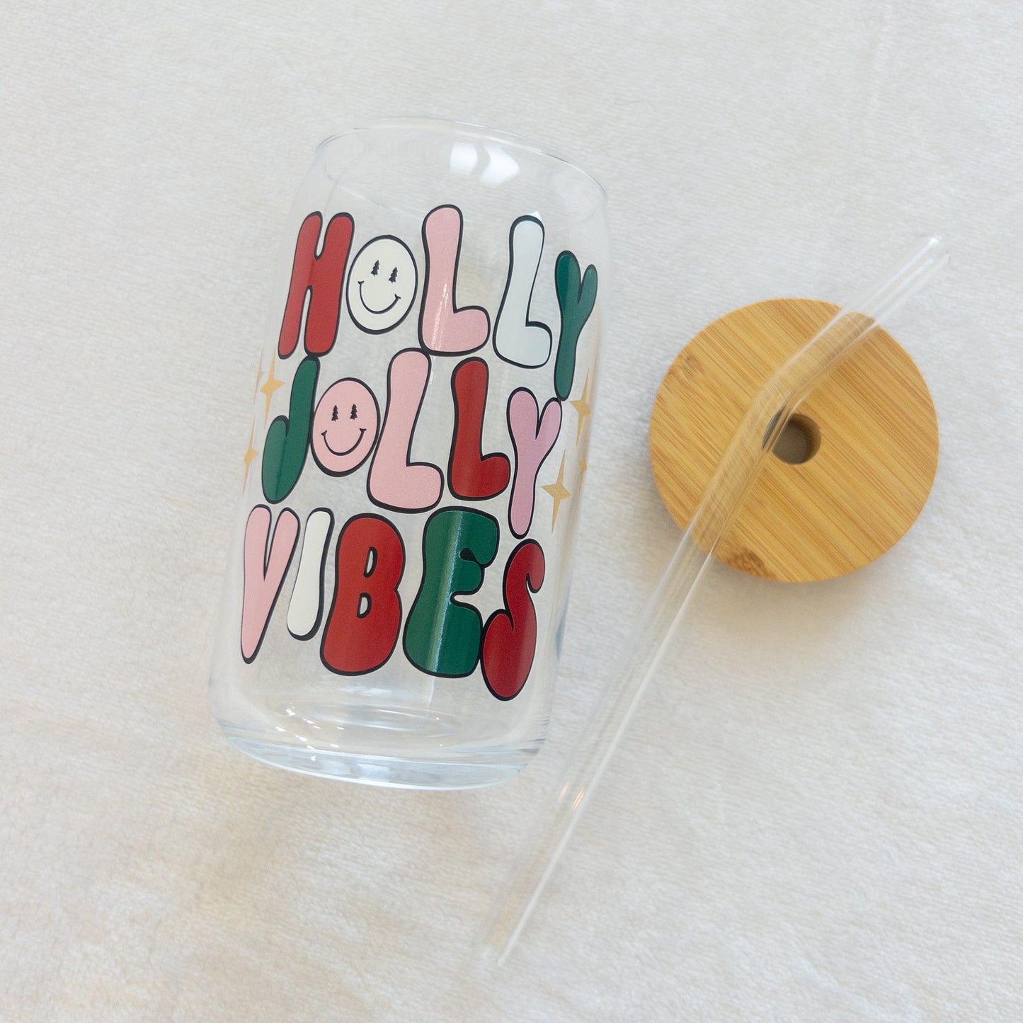 Christmas Holly Jolly Vibes Glass Cup, Beer Can Glass with Lid & Straw, 16oz Glass Tumbler, Custom Tumbler