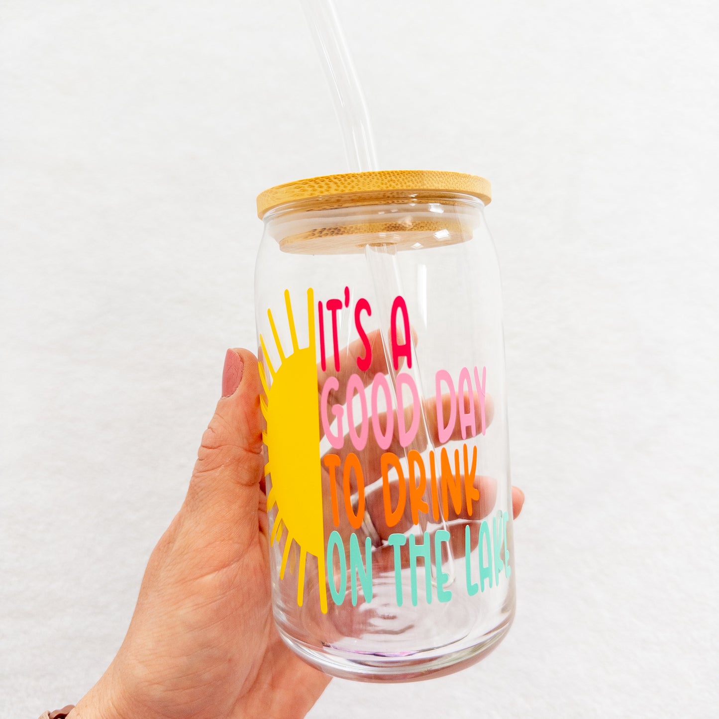 Lake Drinking Glass Cup, Beer Can Glass with Lid & Straw, 16oz Glass Tumbler, Custom Tumbler in