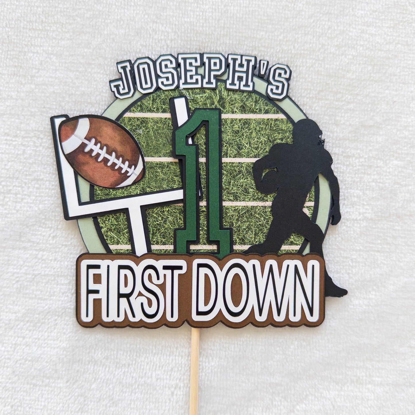 Football-Themed “First Year Down” Cake Topper – Customizable First Birthday Decor