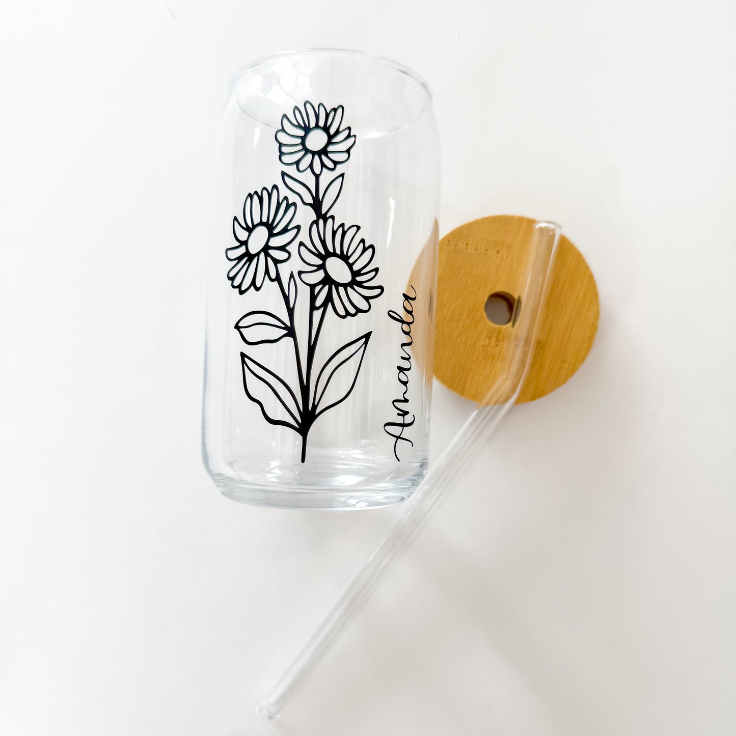 Birth Month Flower Glass Cup, Beer Can Glass with Lid & Straw, 16oz Glass Tumbler, Custom Tumbler