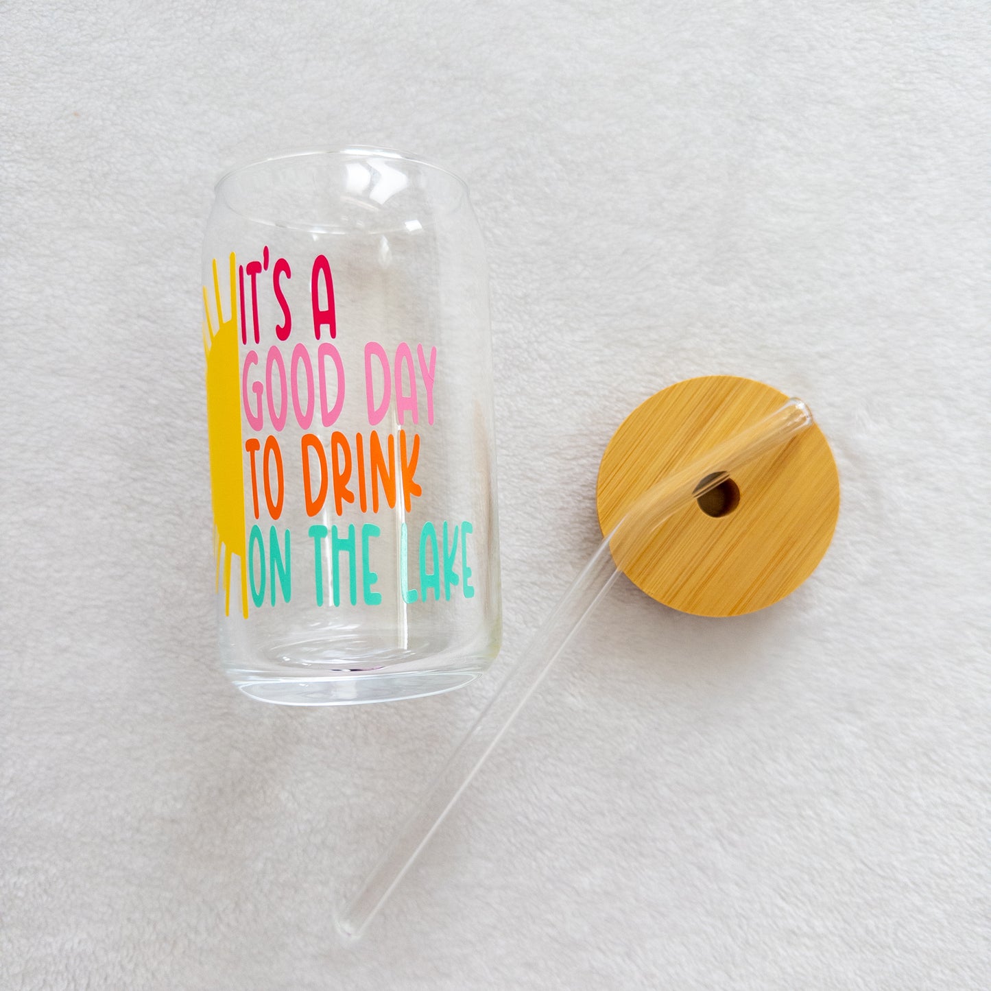 Lake Drinking Glass Cup, Beer Can Glass with Lid & Straw, 16oz Glass Tumbler, Custom Tumbler in