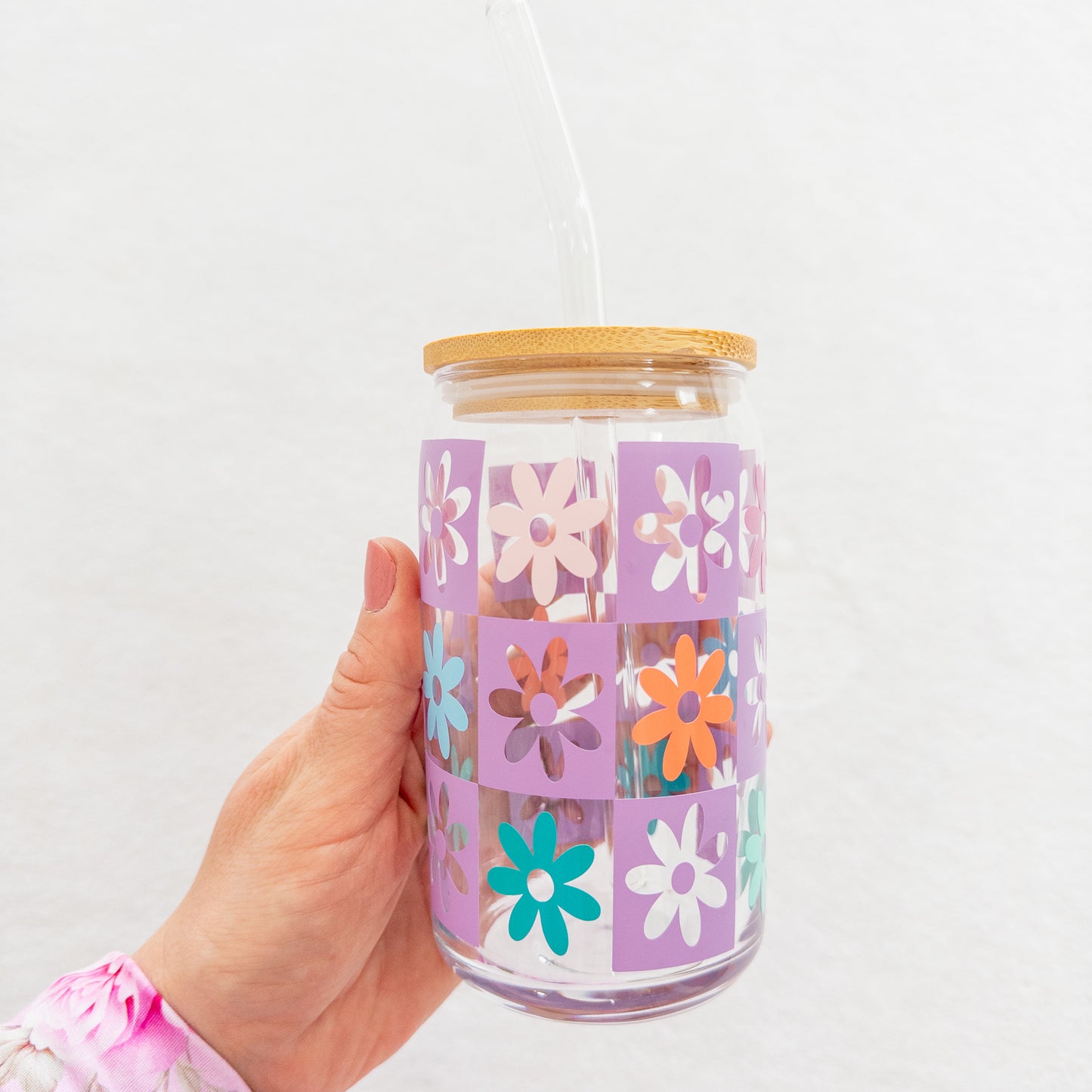 Spring Bloom Checkered Glass Tumbler – 16oz