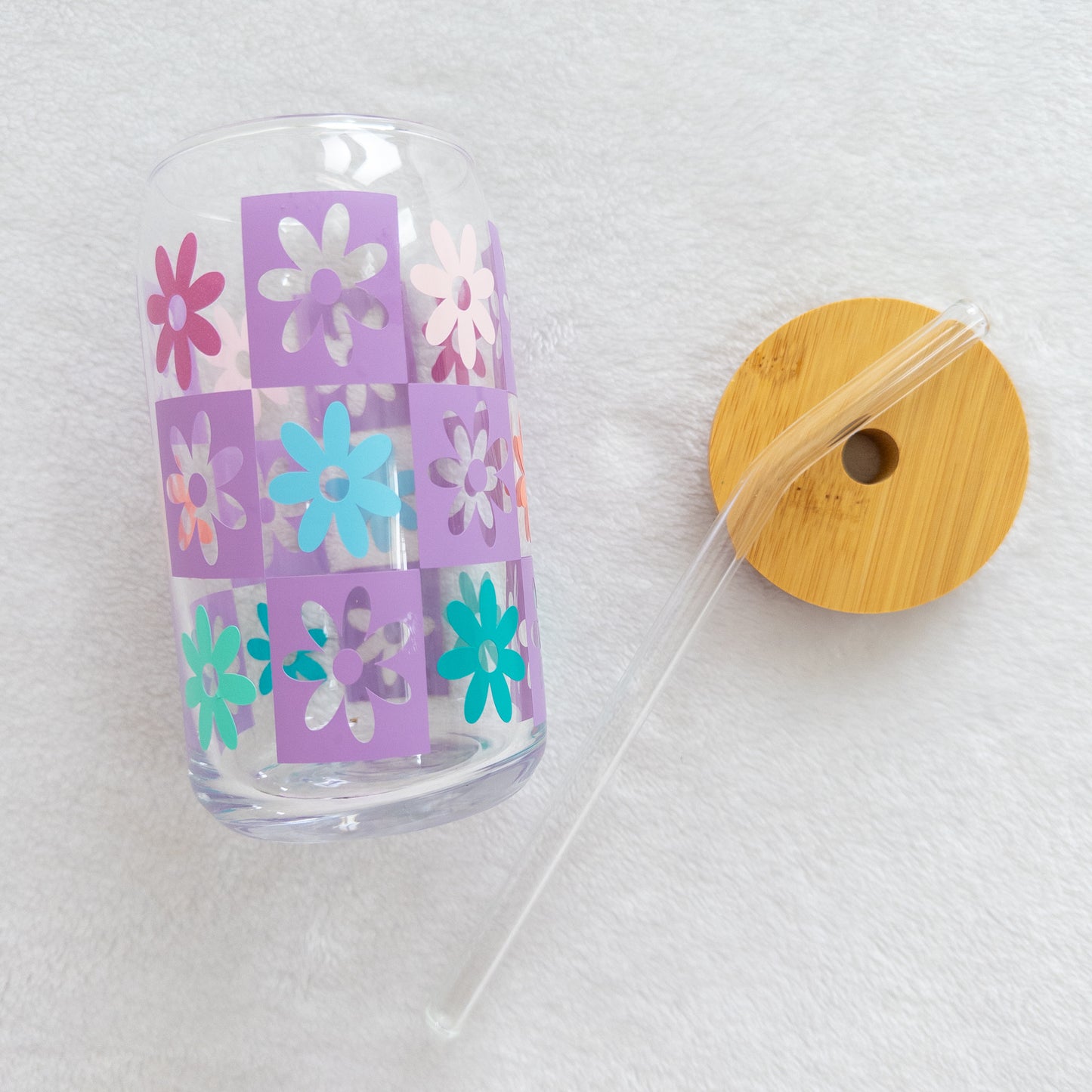 Spring Bloom Checkered Glass Tumbler – 16oz