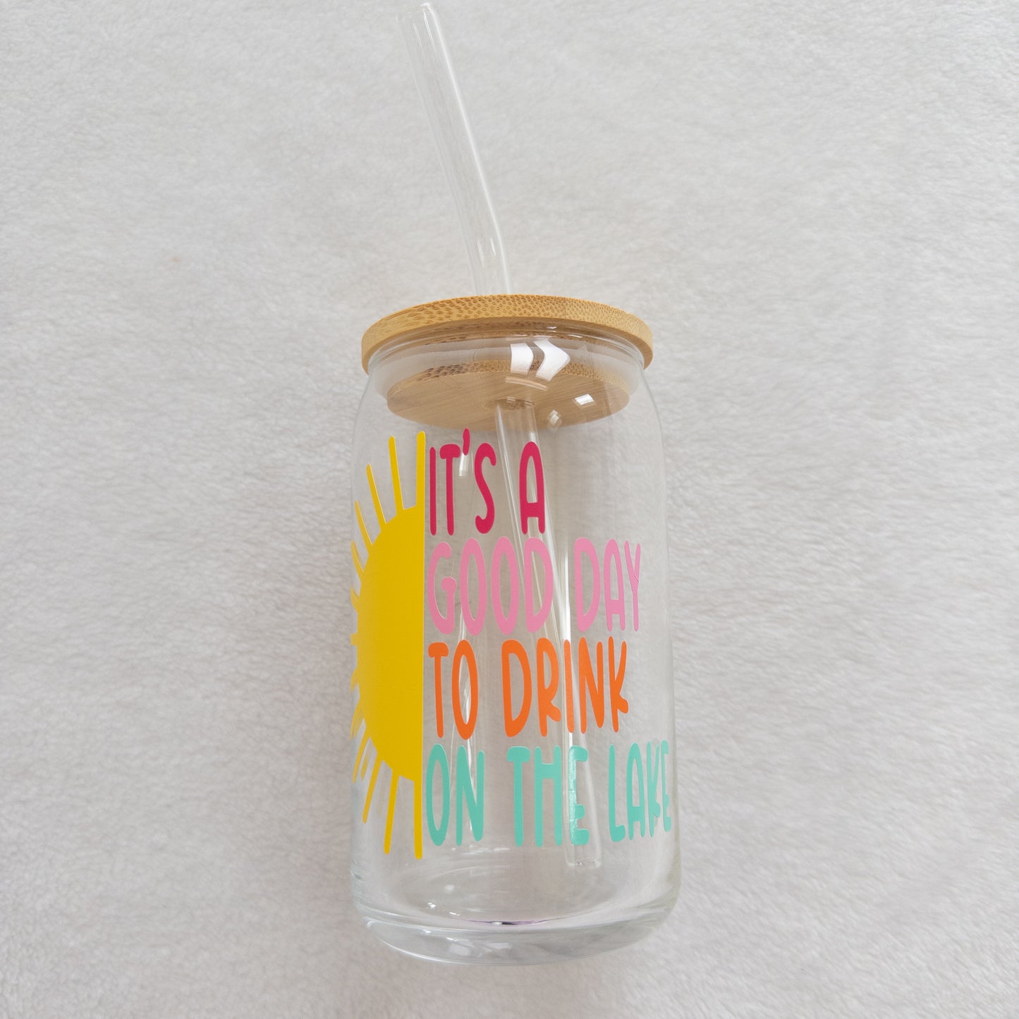 Lake Drinking Glass Cup, Beer Can Glass with Lid & Straw, 16oz Glass Tumbler, Custom Tumbler in