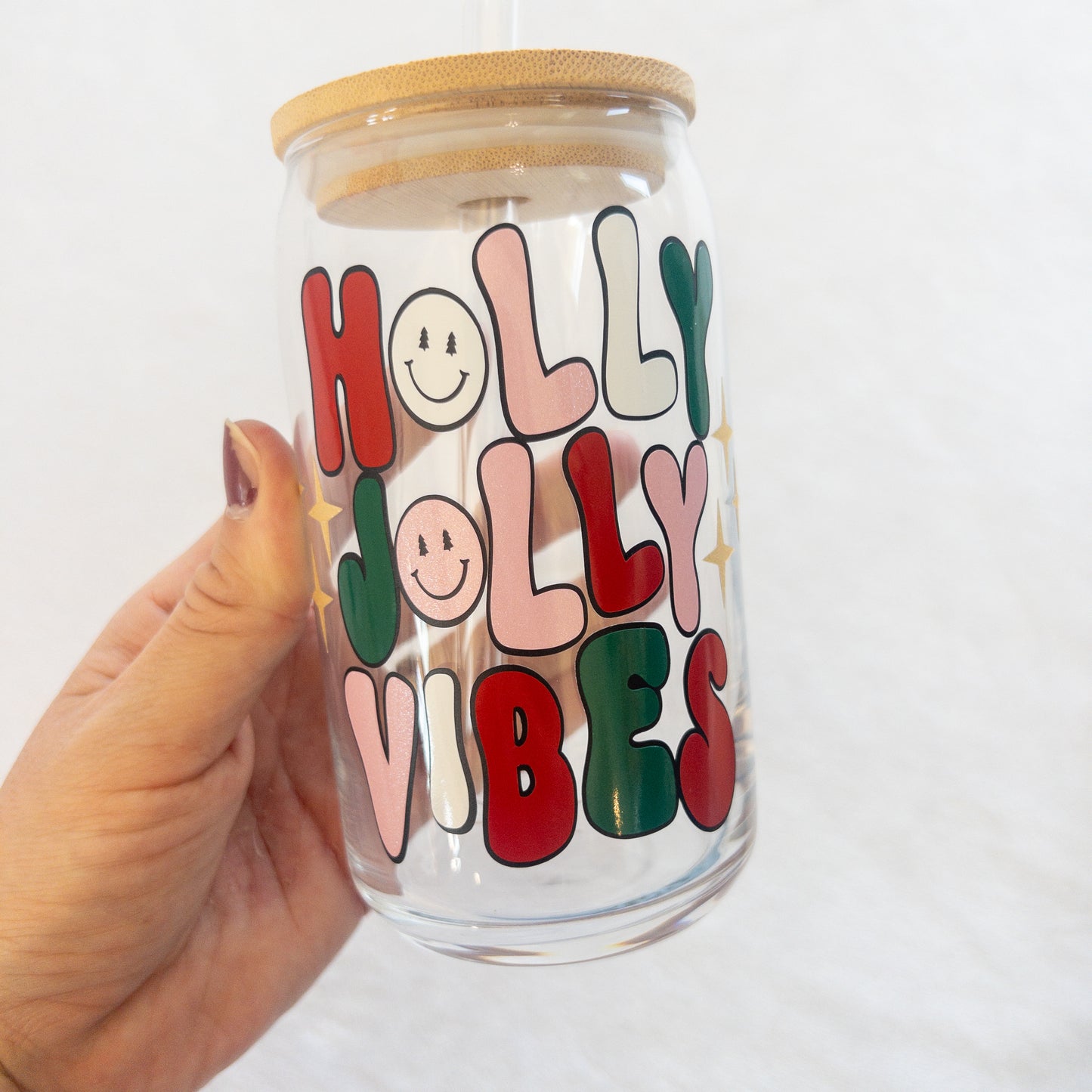 Christmas Holly Jolly Vibes Glass Cup, Beer Can Glass with Lid & Straw, 16oz Glass Tumbler, Custom Tumbler