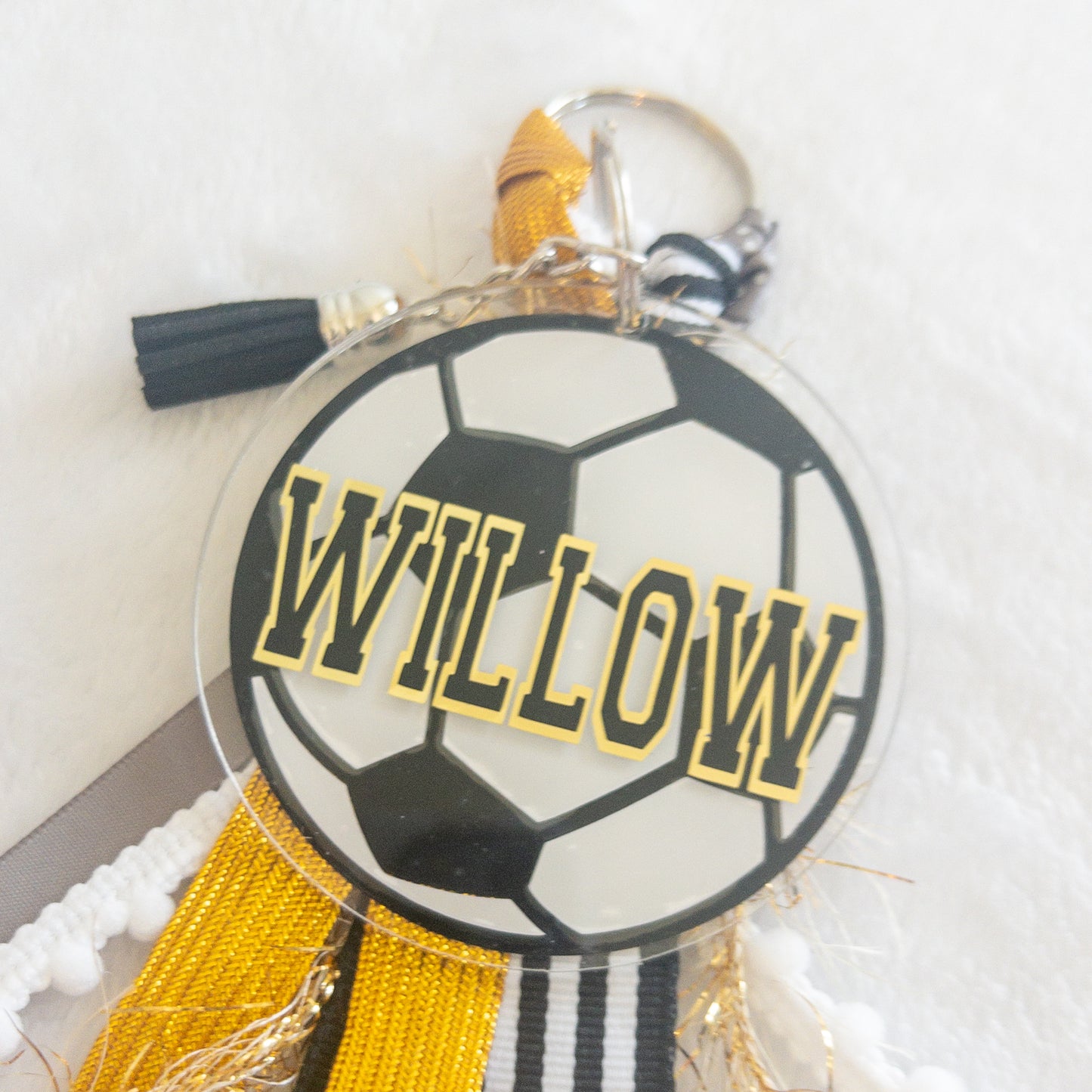 Personalized Soccer Name Keychain with ribbon for Backpacks, Sports Bags, Luggage