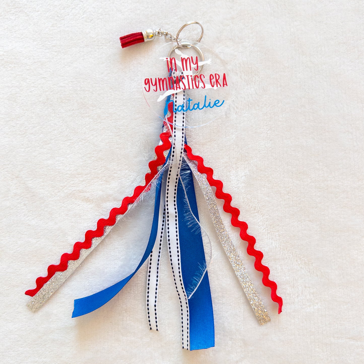 Personalized Gymnastics Name Keychain with ribbon for Backpacks, Sports Bags, Luggage