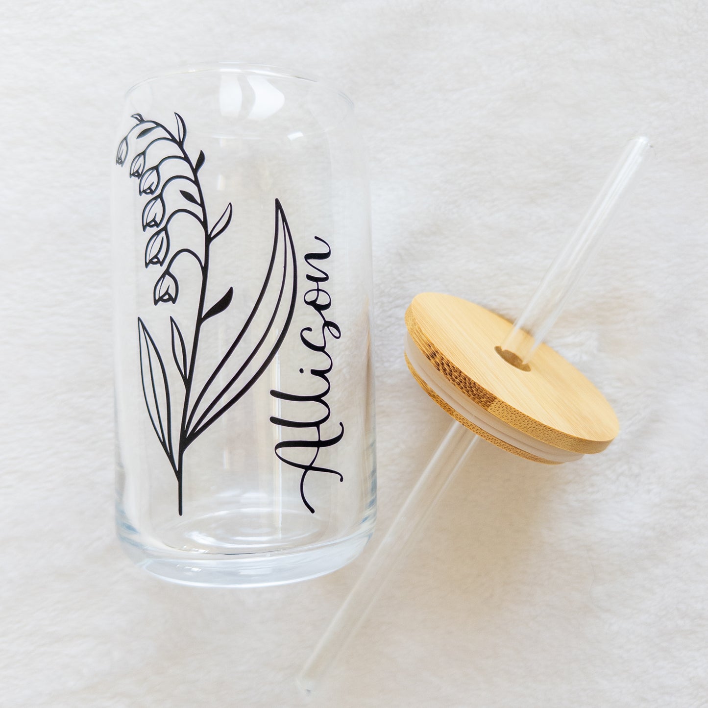Birth Month Flower Glass Cup, Beer Can Glass with Lid & Straw, 16oz Glass Tumbler, Custom Tumbler