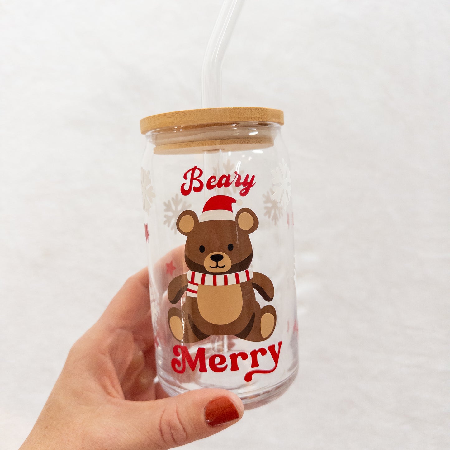 Christmas Beary Merry Glass Cup, Beer Can Glass with Lid & Straw, 16oz Glass Tumbler, Custom Tumbler