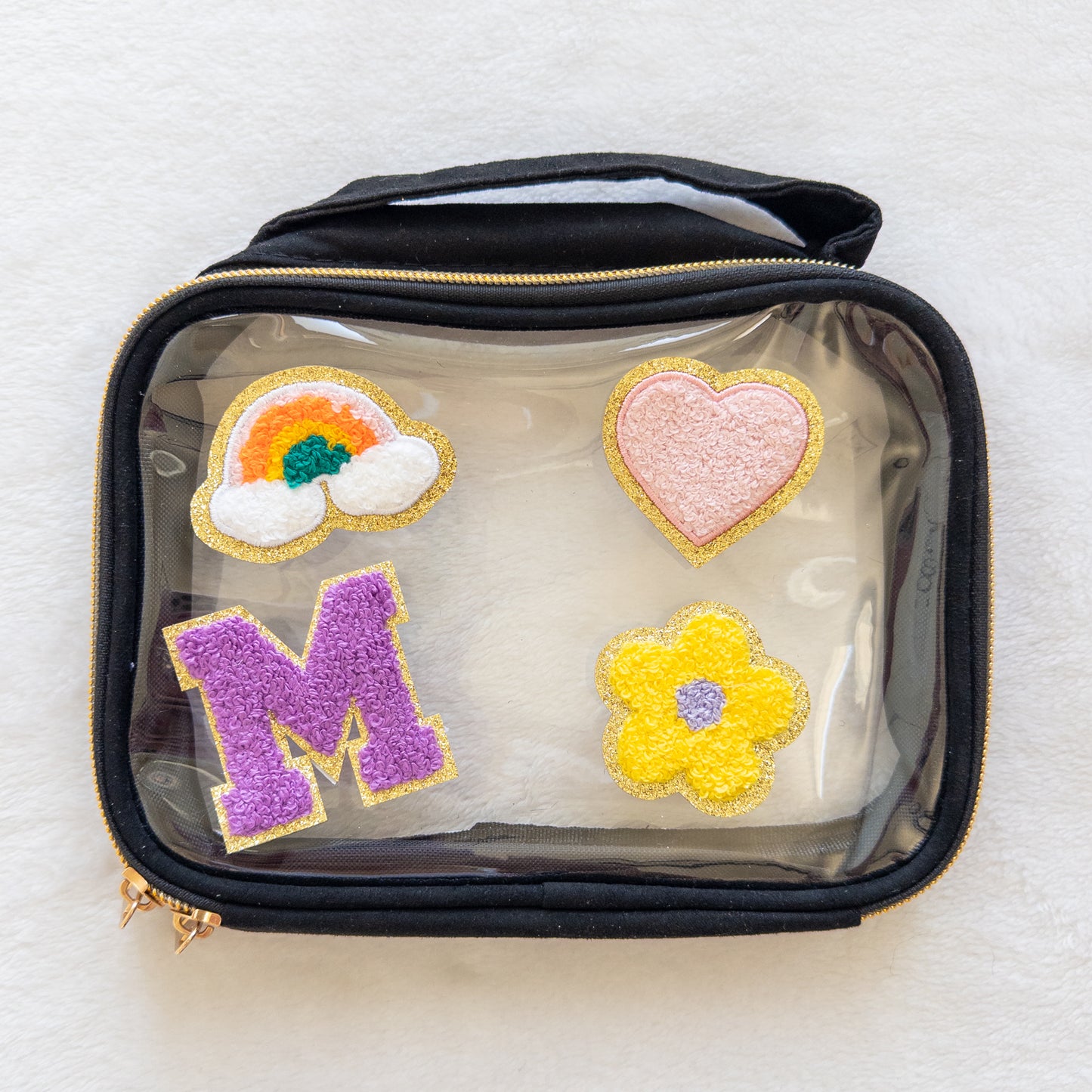 Clear Zipper Pouch with Handle – TSA-Approved Travel Bag with varsity sticker patches