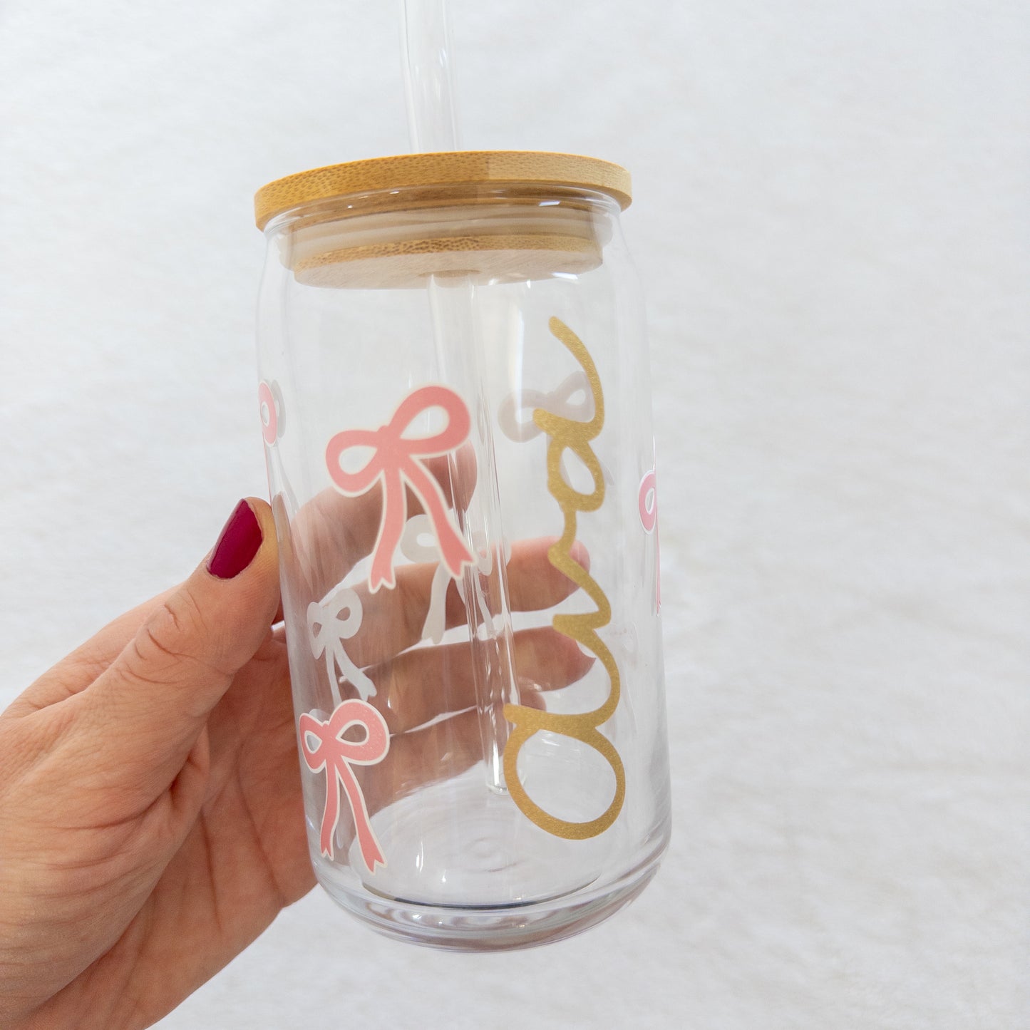 PersonaliEd Bow Glass Cup, Beer Can Glass with Lid & Straw, 16oz Glass Tumbler, Custom Tumbler in
