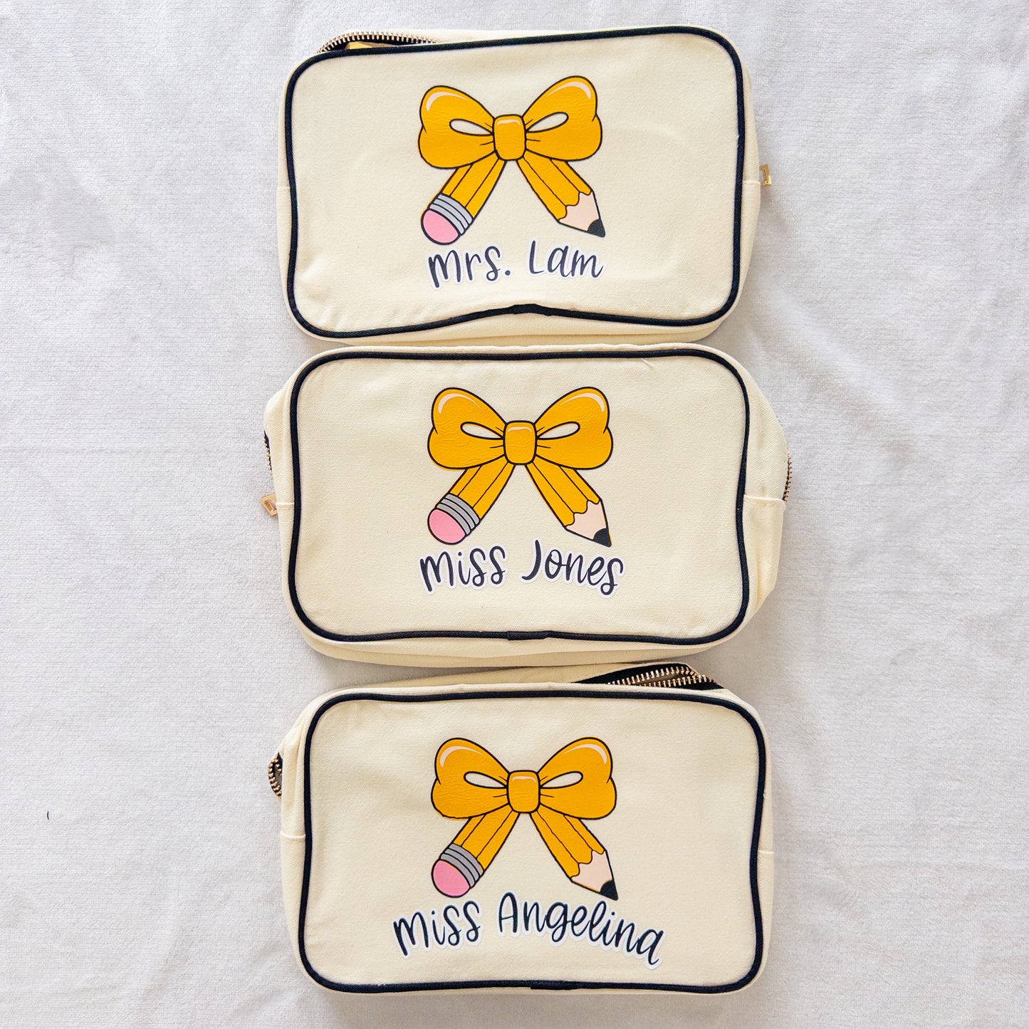 Personalized Teacher Zippered Canvas Bag with Pencil Bow