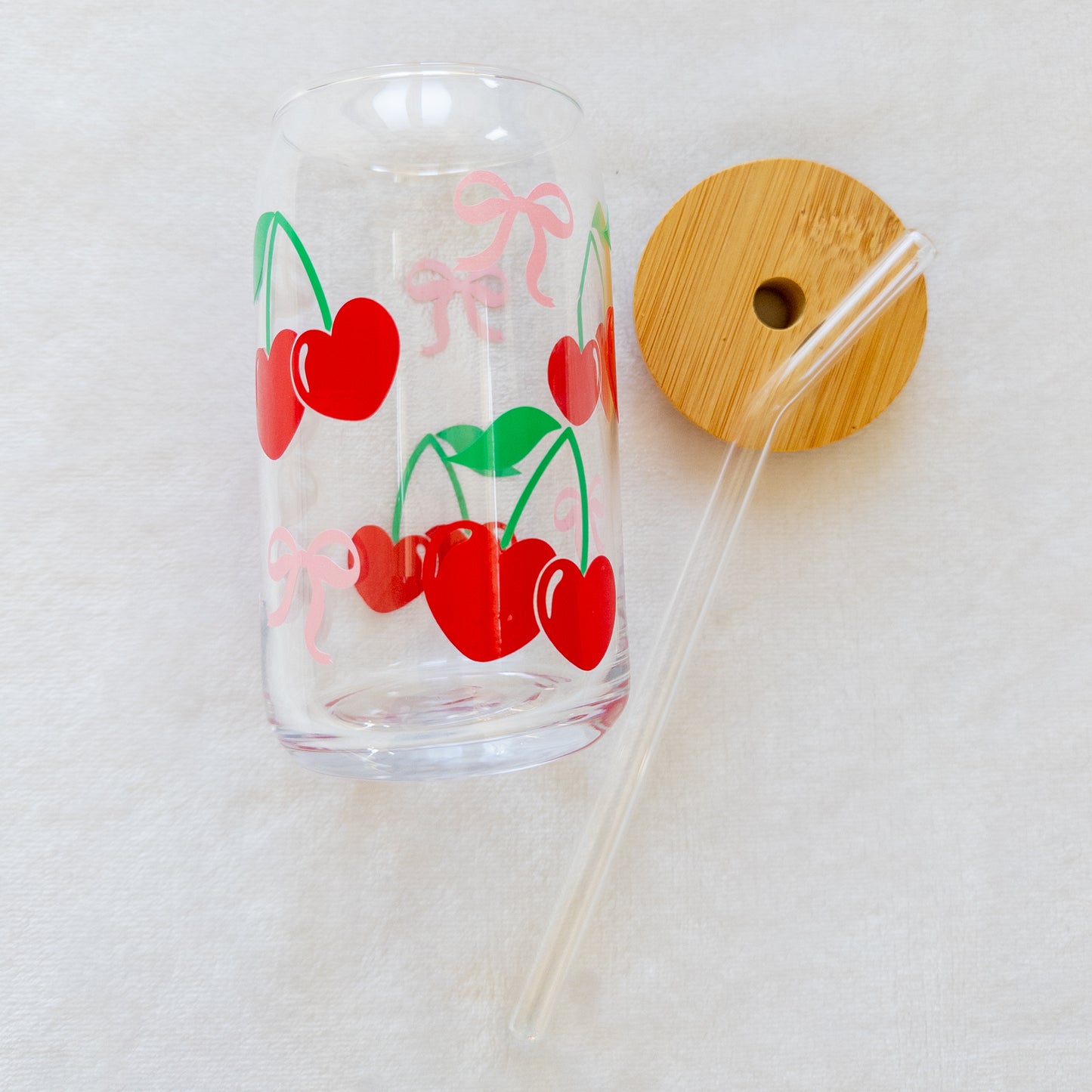 XOXO Cherry Hearts Glass Cup, Beer Can Glass with Lid & Straw, 16oz Glass Tumbler, Custom Tumbler