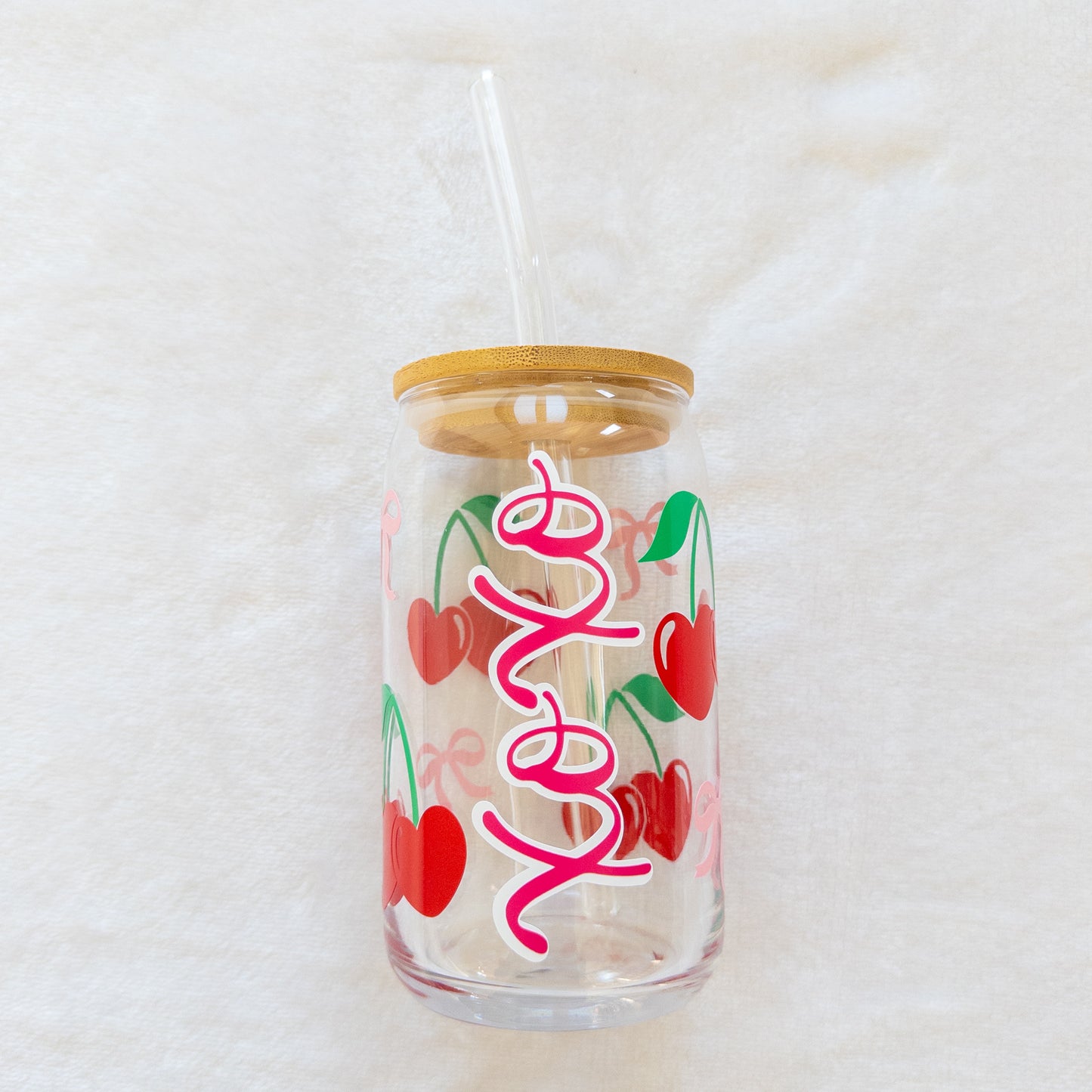 XOXO Cherry Hearts Glass Cup, Beer Can Glass with Lid & Straw, 16oz Glass Tumbler, Custom Tumbler