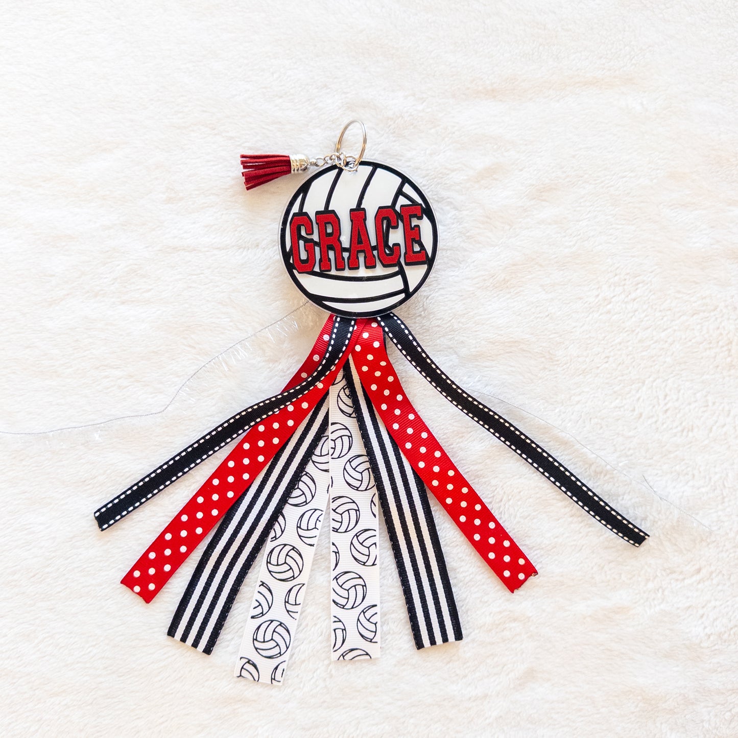 Personalized Volleyball Name Keychain with ribbon for Backpacks, Sports Bags, Luggage