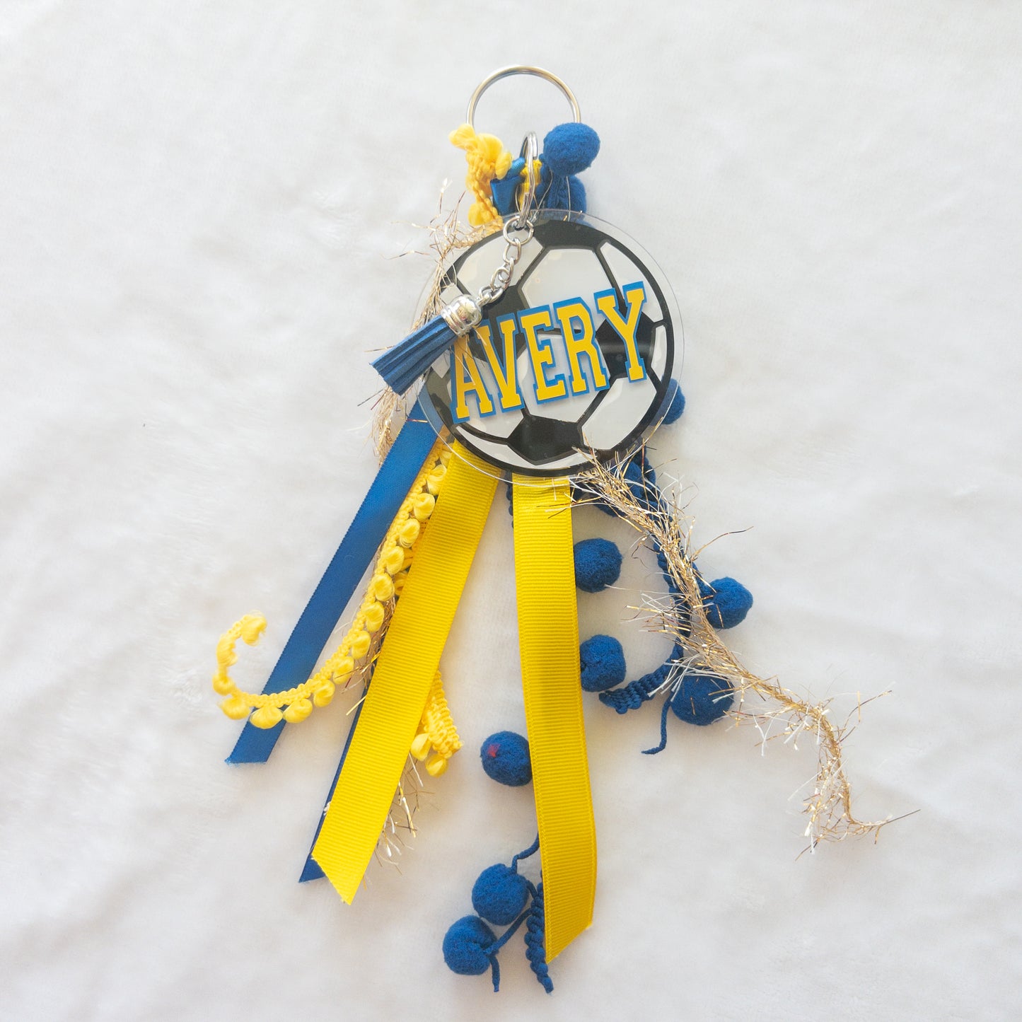 Personalized Soccer Name Keychain with ribbon for Backpacks, Sports Bags, Luggage