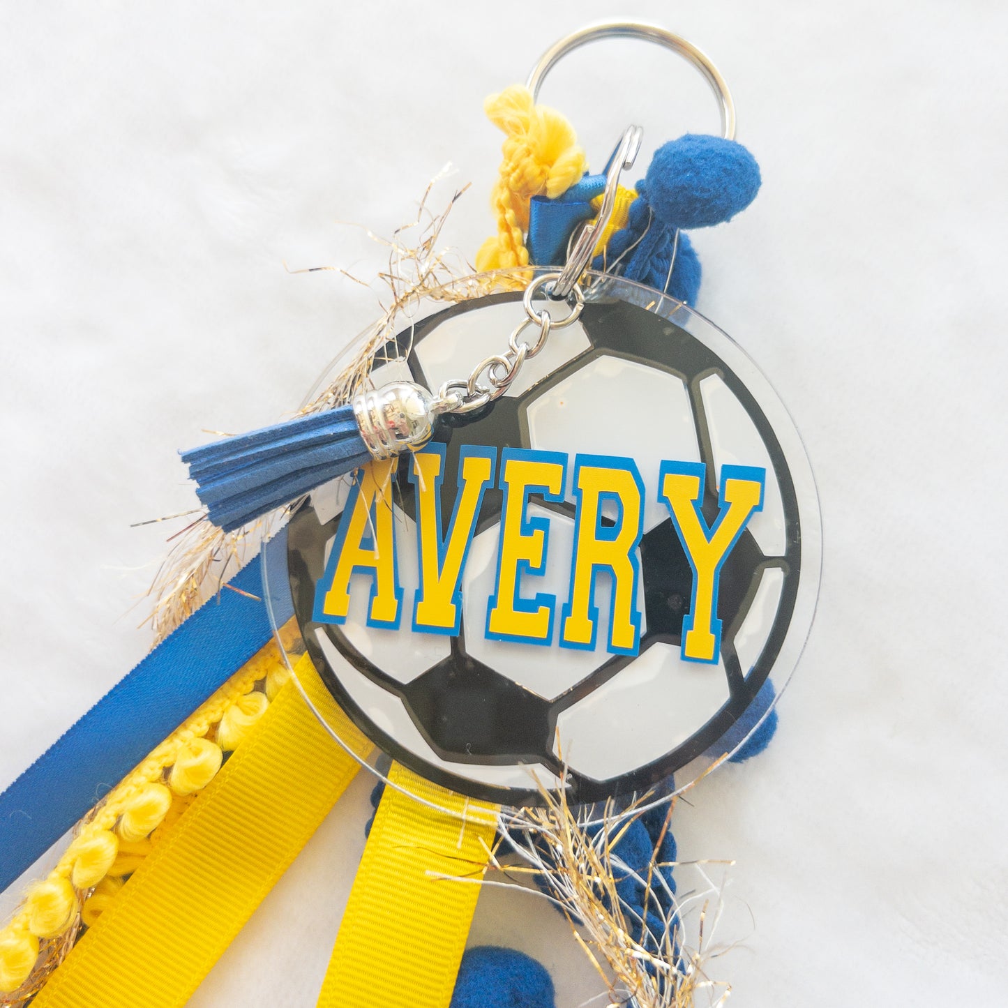 Personalized Soccer Name Keychain with ribbon for Backpacks, Sports Bags, Luggage