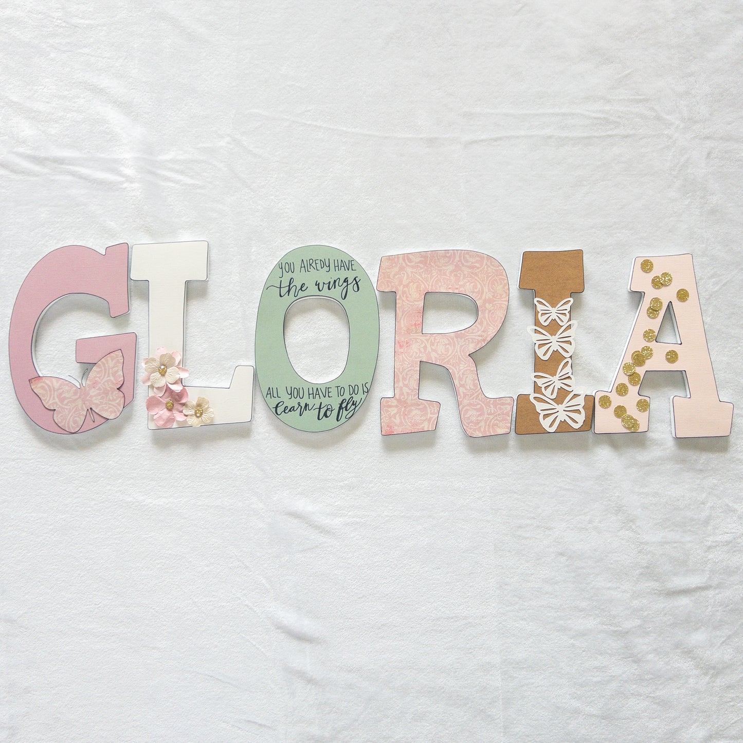 Green Pink and Gold Butterfly Custom Wood Letters