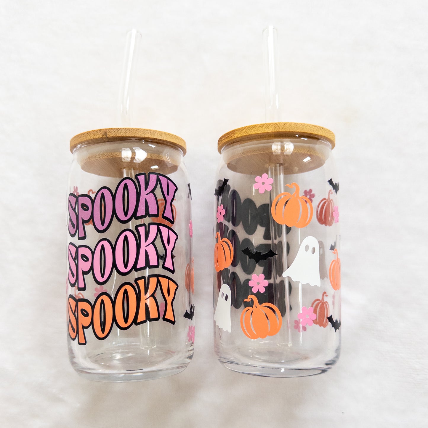 Halloween Spooky Ghost Bats Pumpkins Flowers Glass Cup, Beer Can Glass with Lid & Straw, 16oz Glass Tumbler, Custom Tumbler