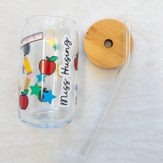 Elementary School Teacher Custom Glass Cup, Beer Can Glass with Lid & Straw, 16oz Glass Tumbler, Custom Tumbler