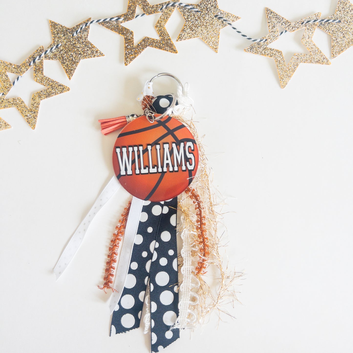 Personalized Basketball Name Keychain with ribbon for Backpacks, Sports Bags, Luggage