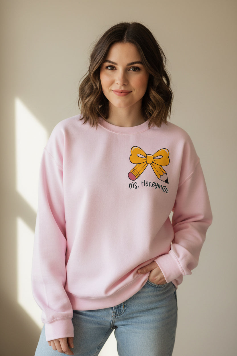 Custom Teacher Sweatshirt – Pencil Bow Design