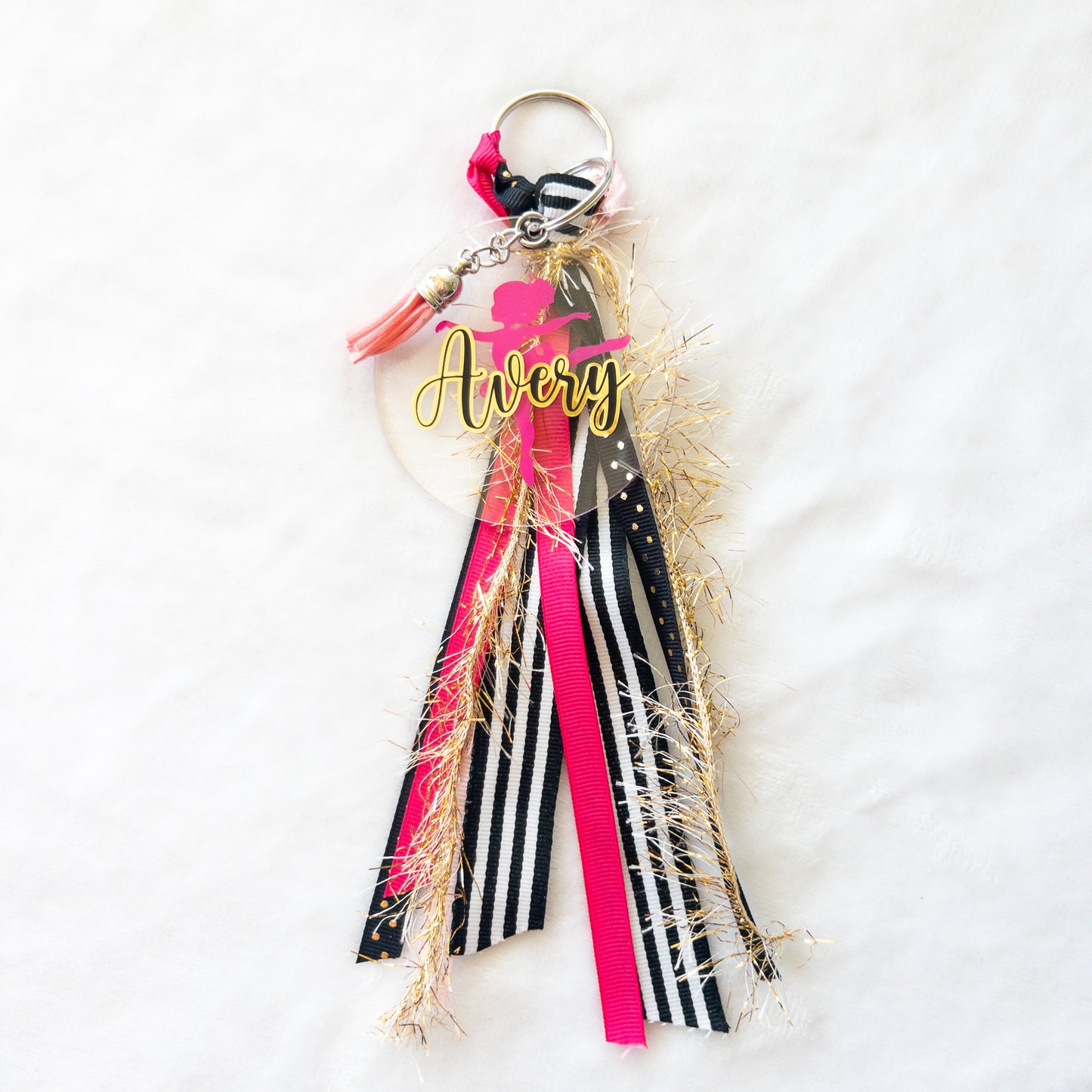 Personalized Ballerina Name Keychain with ribbon for Backpacks, Sports Bags, Luggage