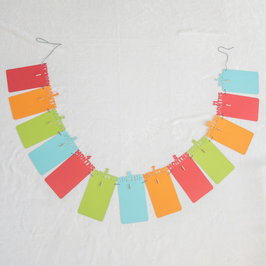 A colorful banner made of paper in red, orange, green, and blue, each with a photo clip attached to it, strung together with a string.