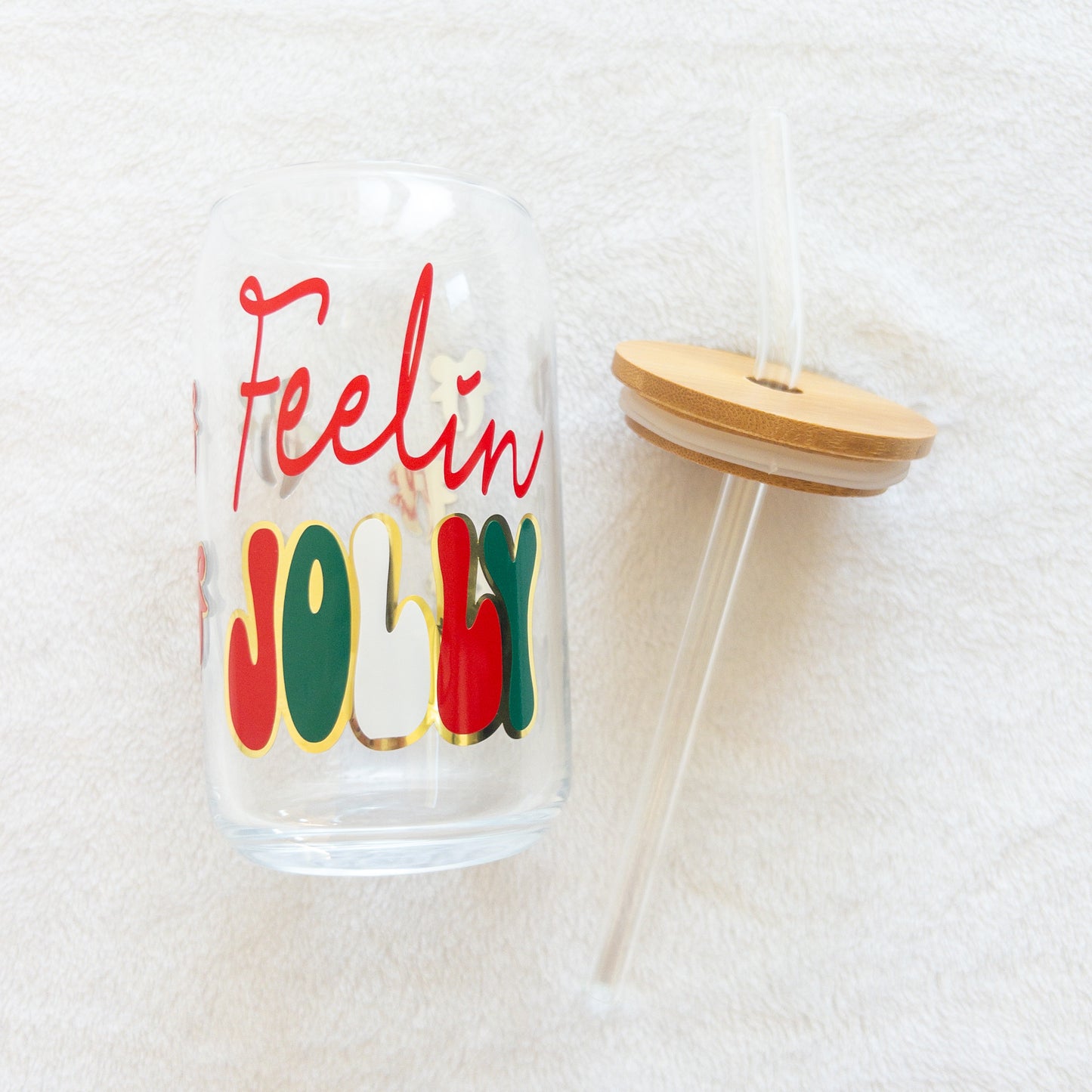 Feelin Jolly Christmas Glass Cup, Beer Can Glass with Lid & Straw, 16oz Glass Tumbler, Custom Tumbler