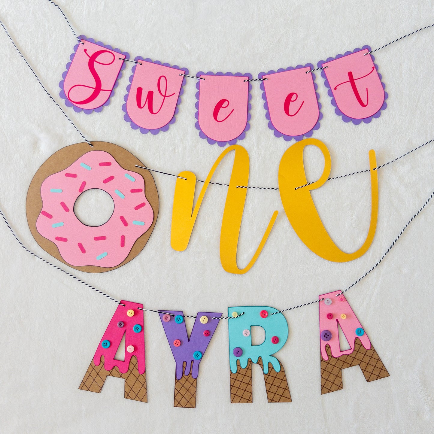 Sweet ONE Donut Ice Cream Custom Happy Birthday Banner