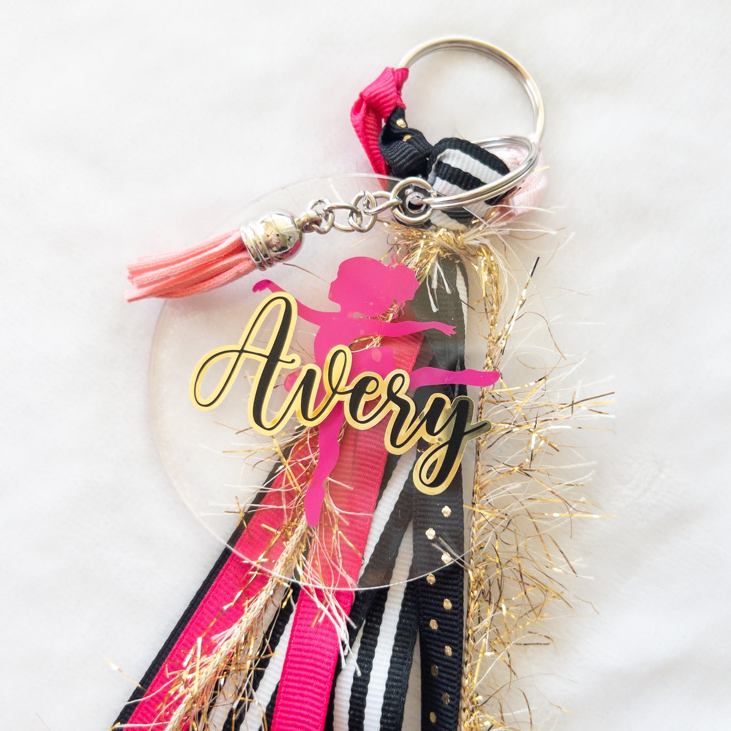 Personalized Ballerina Name Keychain with ribbon for Backpacks, Sports Bags, Luggage