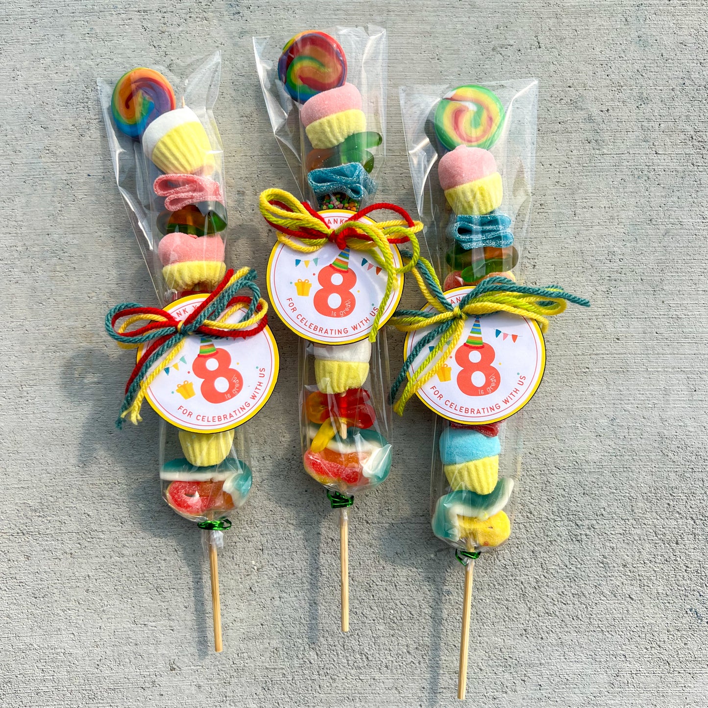 Candy Kabobs for kids birthday, baby shower, holidays, graduation