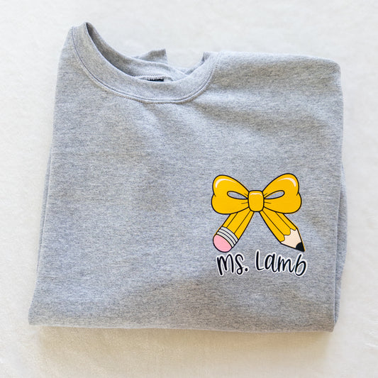Custom Teacher Sweatshirt – Pencil Bow Design