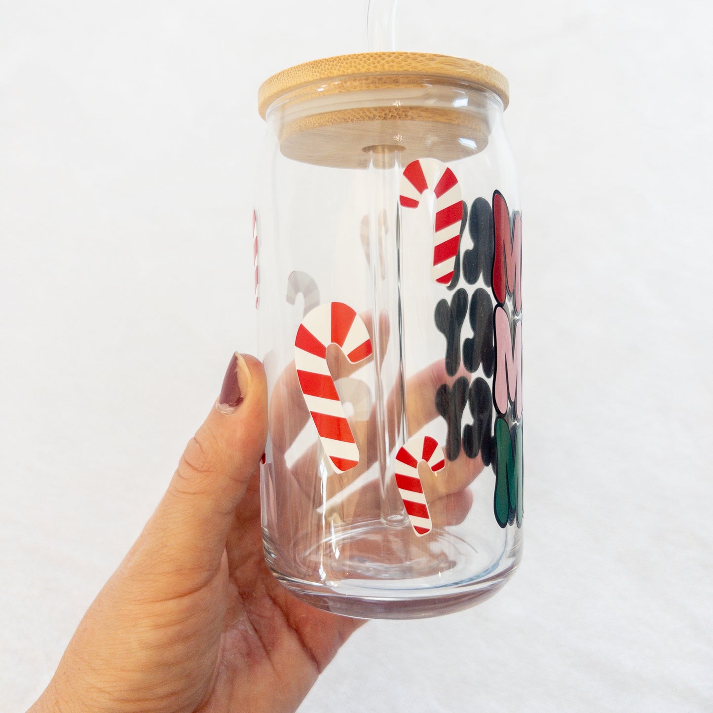 Christmas Merry Glass Cup, Beer Can Glass with Lid & Straw, 16oz Glass Tumbler, Custom Tumbler