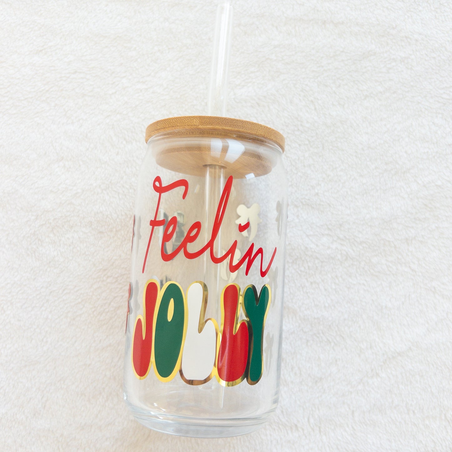 Feelin Jolly Christmas Glass Cup, Beer Can Glass with Lid & Straw, 16oz Glass Tumbler, Custom Tumbler