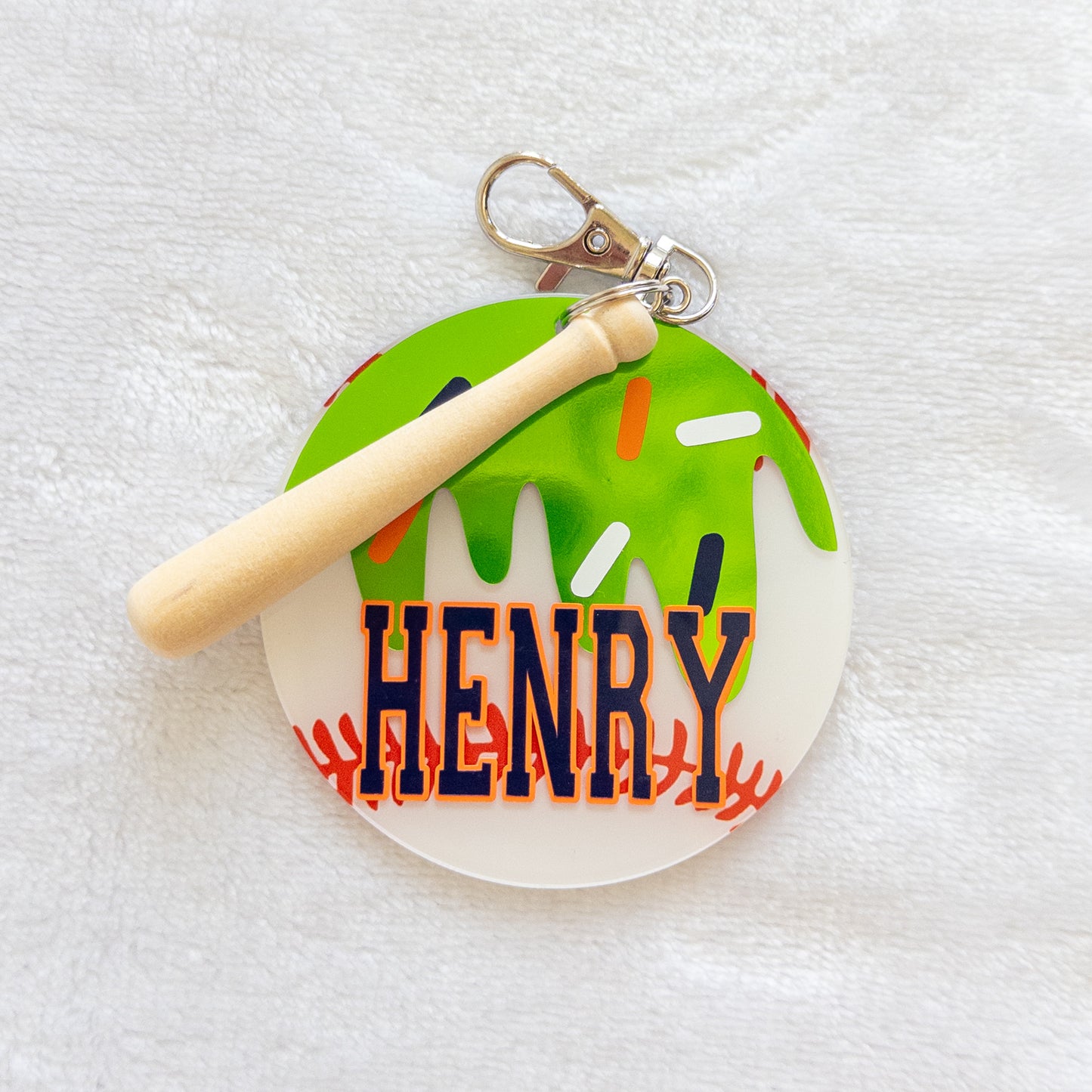 Personalized Ice Cream Drip Baseball Name Keychain for Backpacks, Sports Bags, Luggage