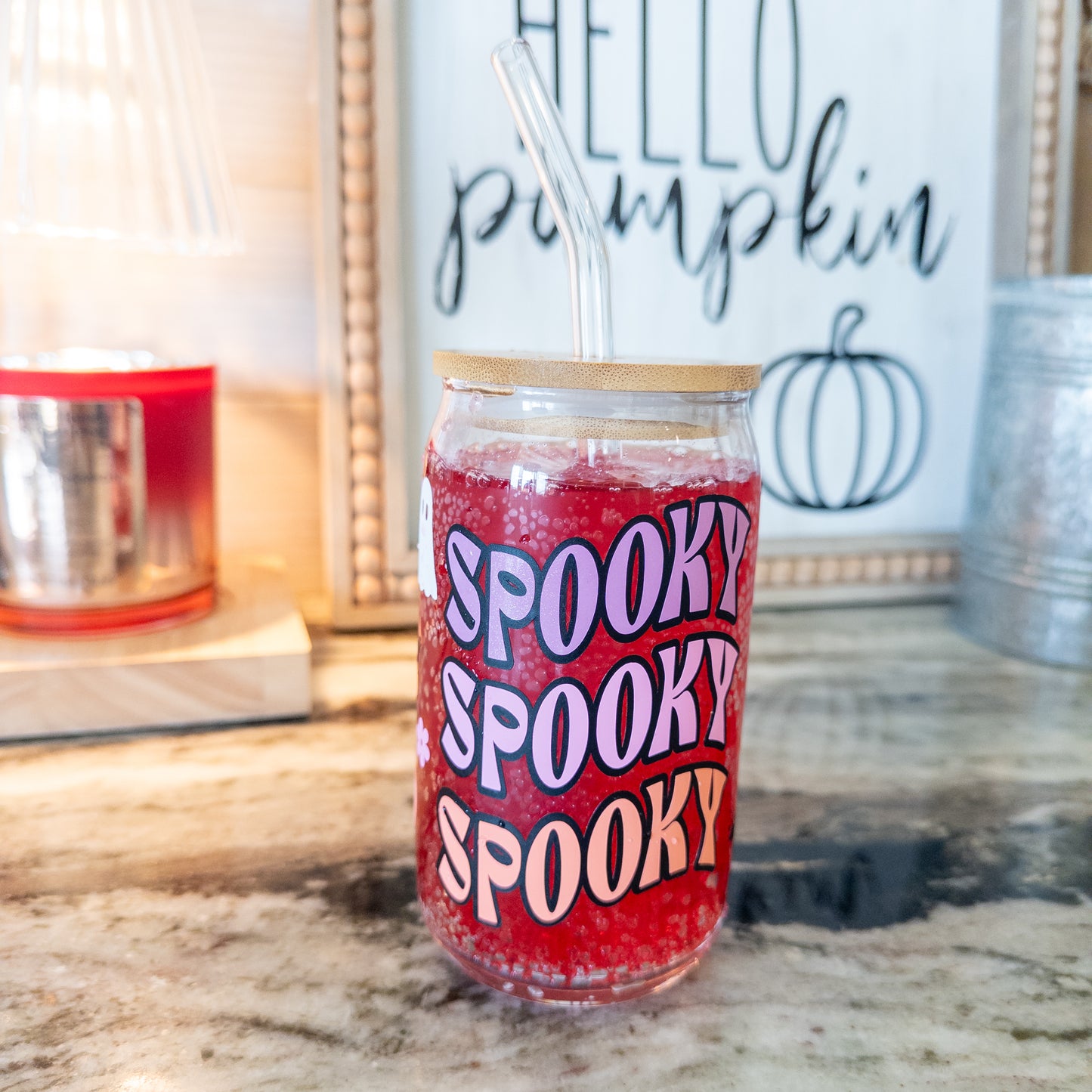 Halloween Spooky Ghost Bats Pumpkins Flowers Glass Cup, Beer Can Glass with Lid & Straw, 16oz Glass Tumbler, Custom Tumbler
