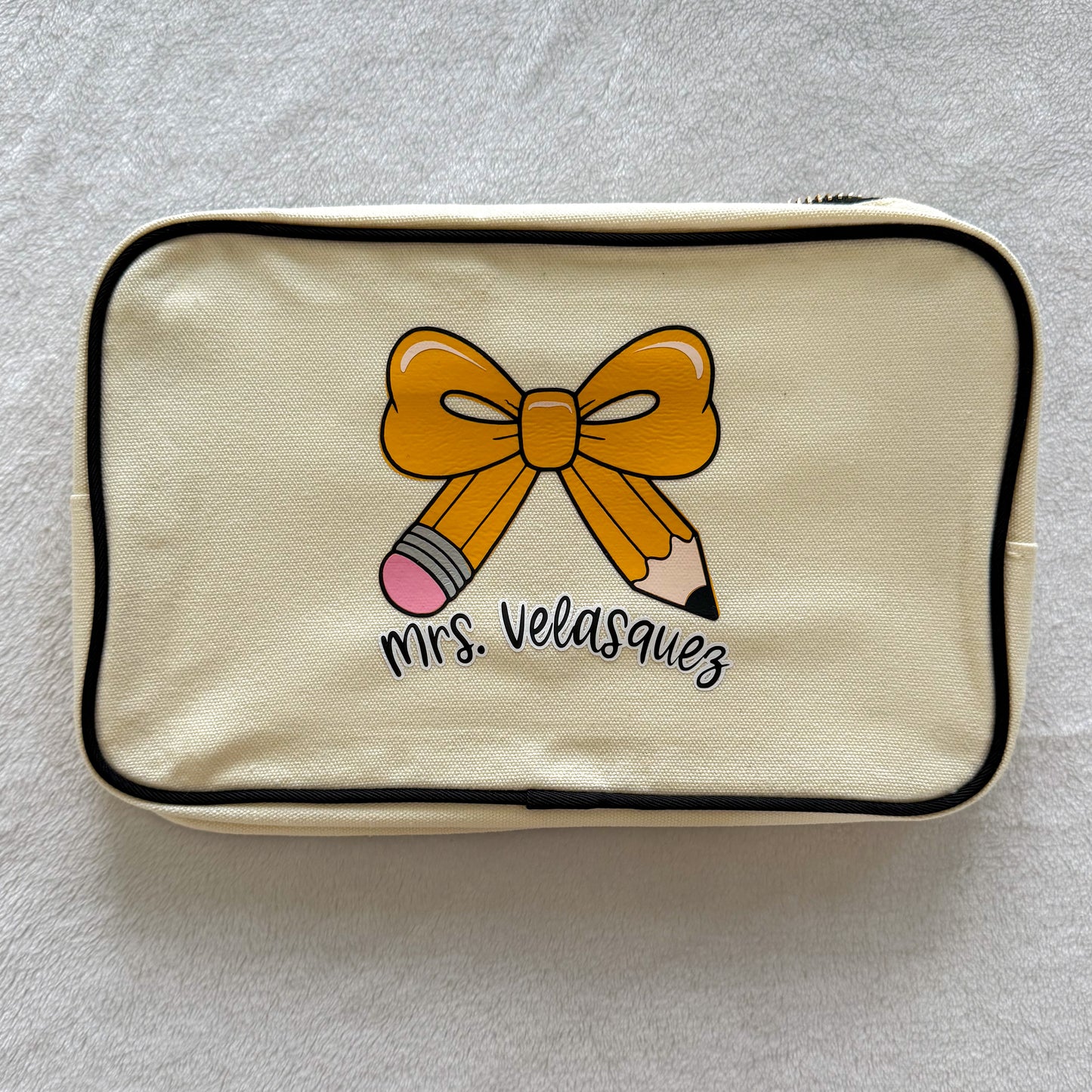 Personalized Teacher Zippered Canvas Bag with Pencil Bow