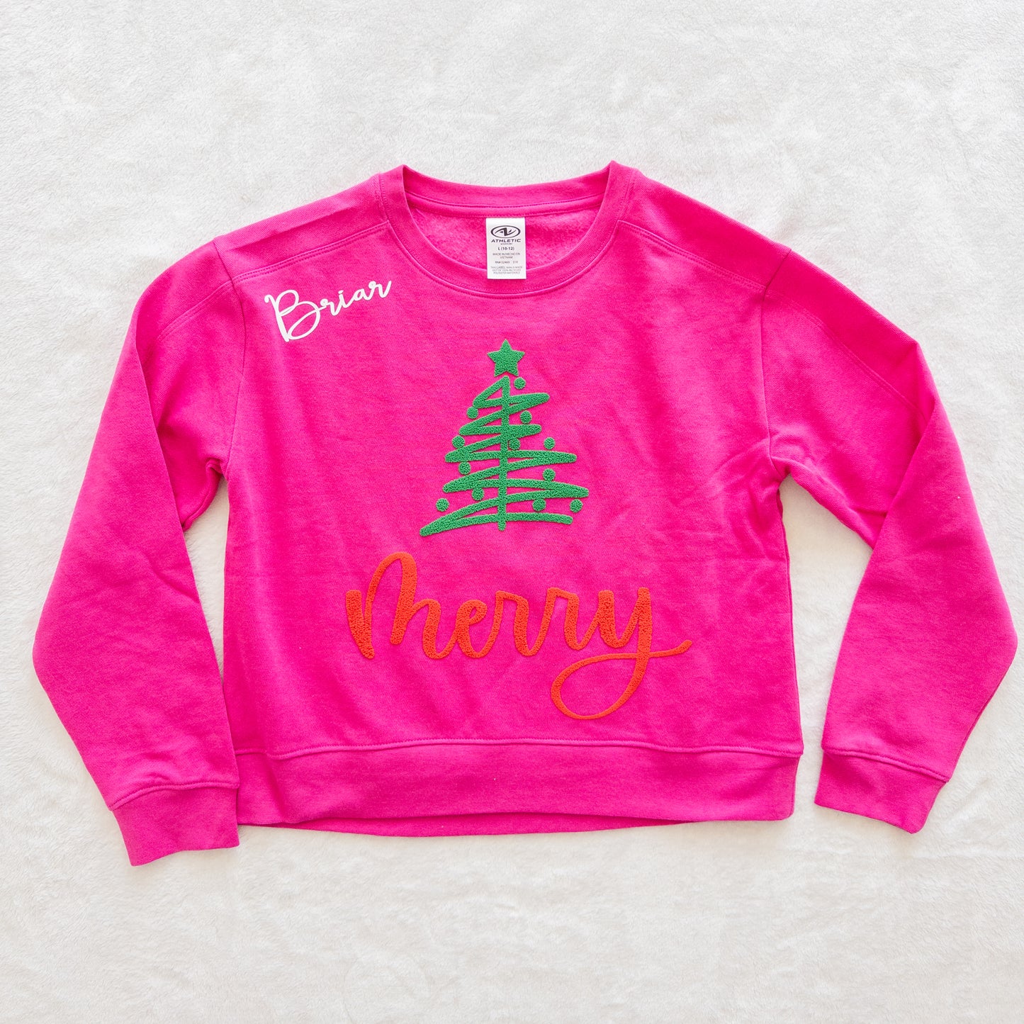 Personalized Christmas Sweatshirt – Pink “Merry” Tree Design