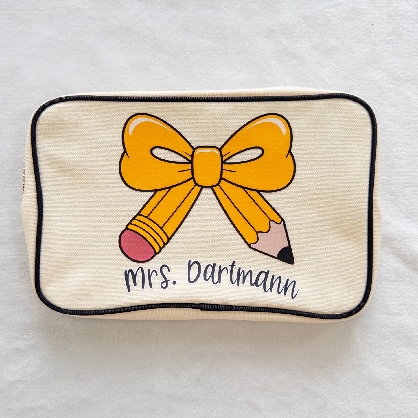 Personalized Teacher Zippered Canvas Bag with Pencil Bow